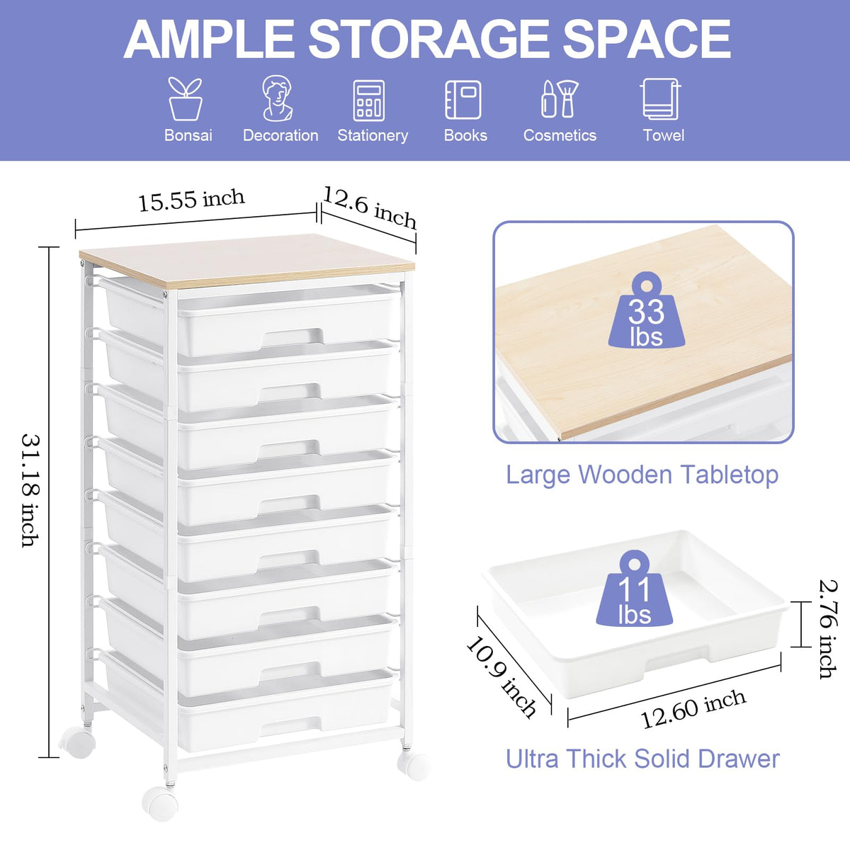 SYKIARIOL 8-Drawer Storage Trolley Rolling Cart with Lockable Wheels, White