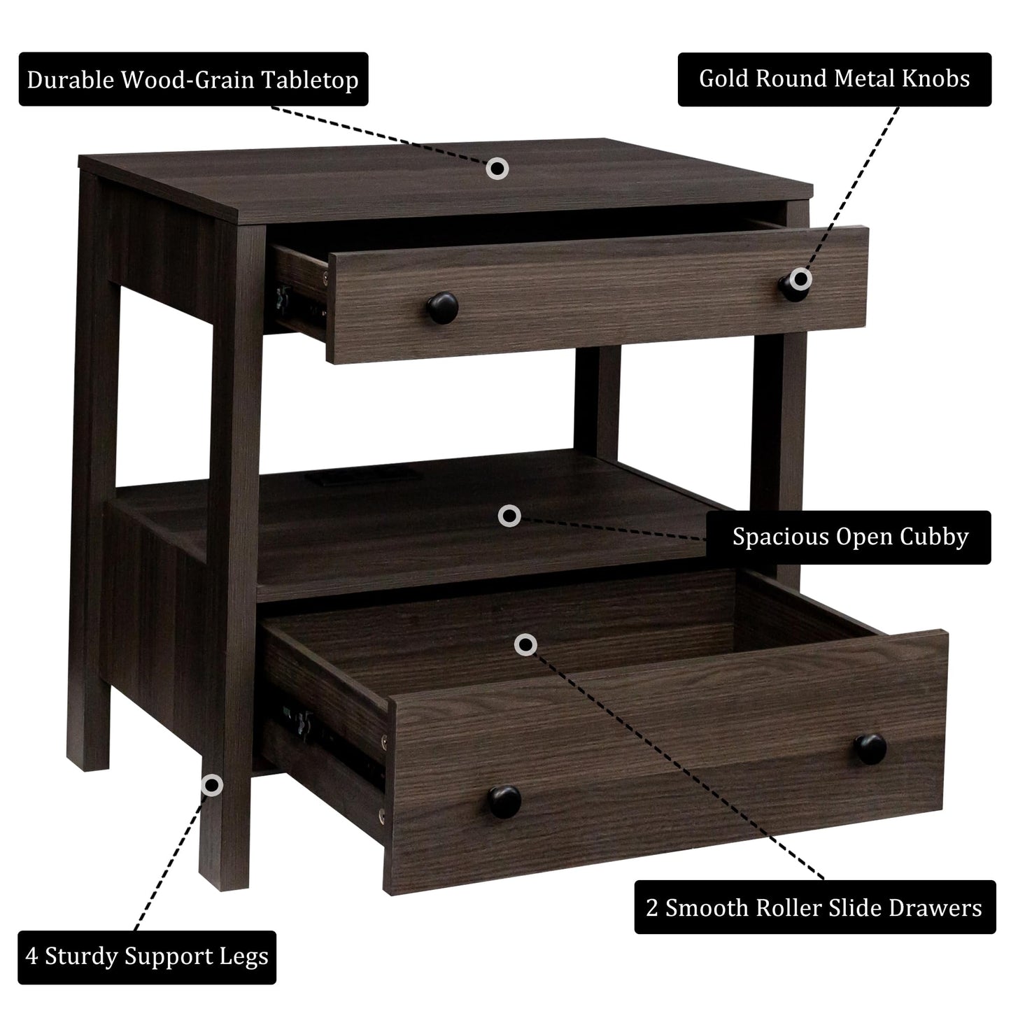 MINCETA Nightstand with Charging Station, Wood Storage End Table with 2 Drawers & Open Shelf
