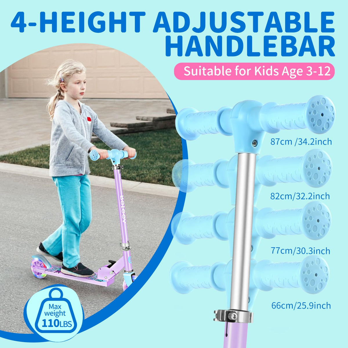 BELEEV V1 Scooter for Kids, 2 Wheels Folding Kick Scooter for Children Girl and Boys, 3 Adjustable Height, Flashing Light up Wheels, Lightweight