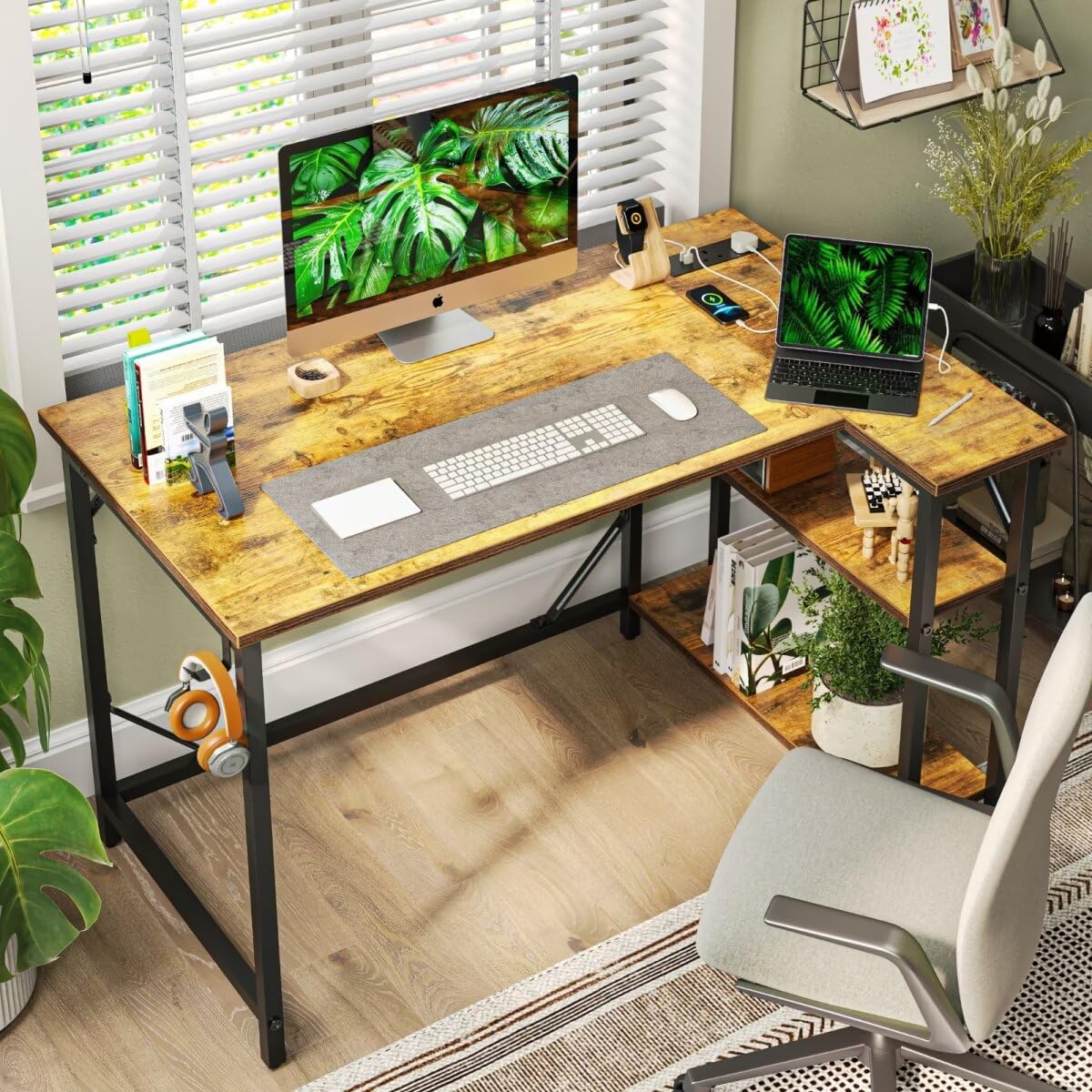 DOMSHOCT Small L Shaped Desk with Power Outlets&Hooks, 100x70cm Corner Computer Desk PC Gaming Desk, Large Storage Reversible Shelves, Home Office