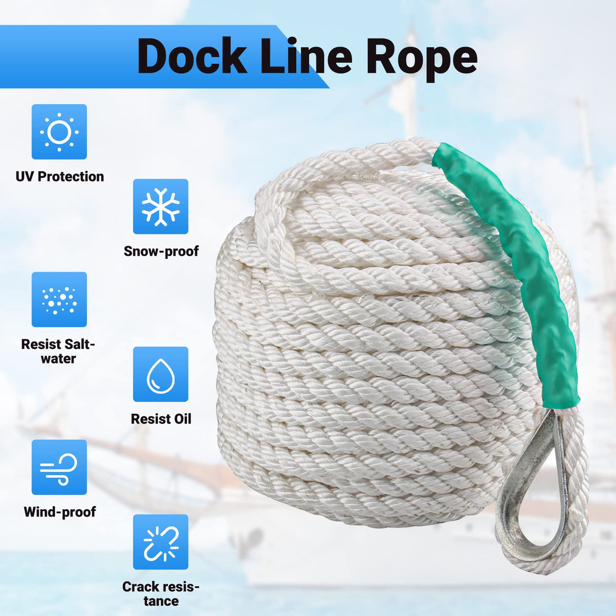 CarBole Nylon Mooring Rope, Multi-functional Dock Line Rope 12mm*61m for Survival | Boating | Sports | Camping | Sailing | Hiking (White) (5850LB)