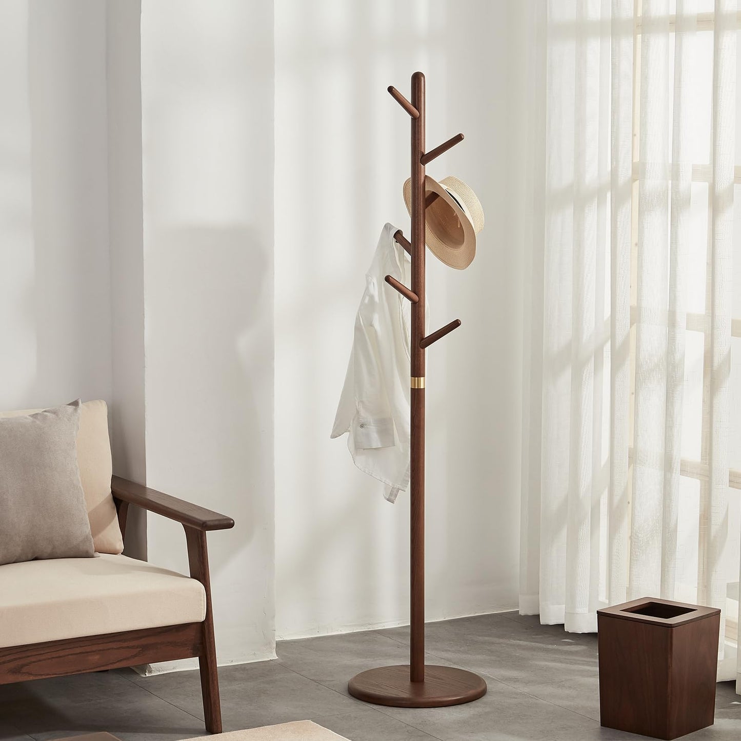 Homruilink Solid Wood Coat Rack Freestanding 6 Hooks for Entryway Bedroom
