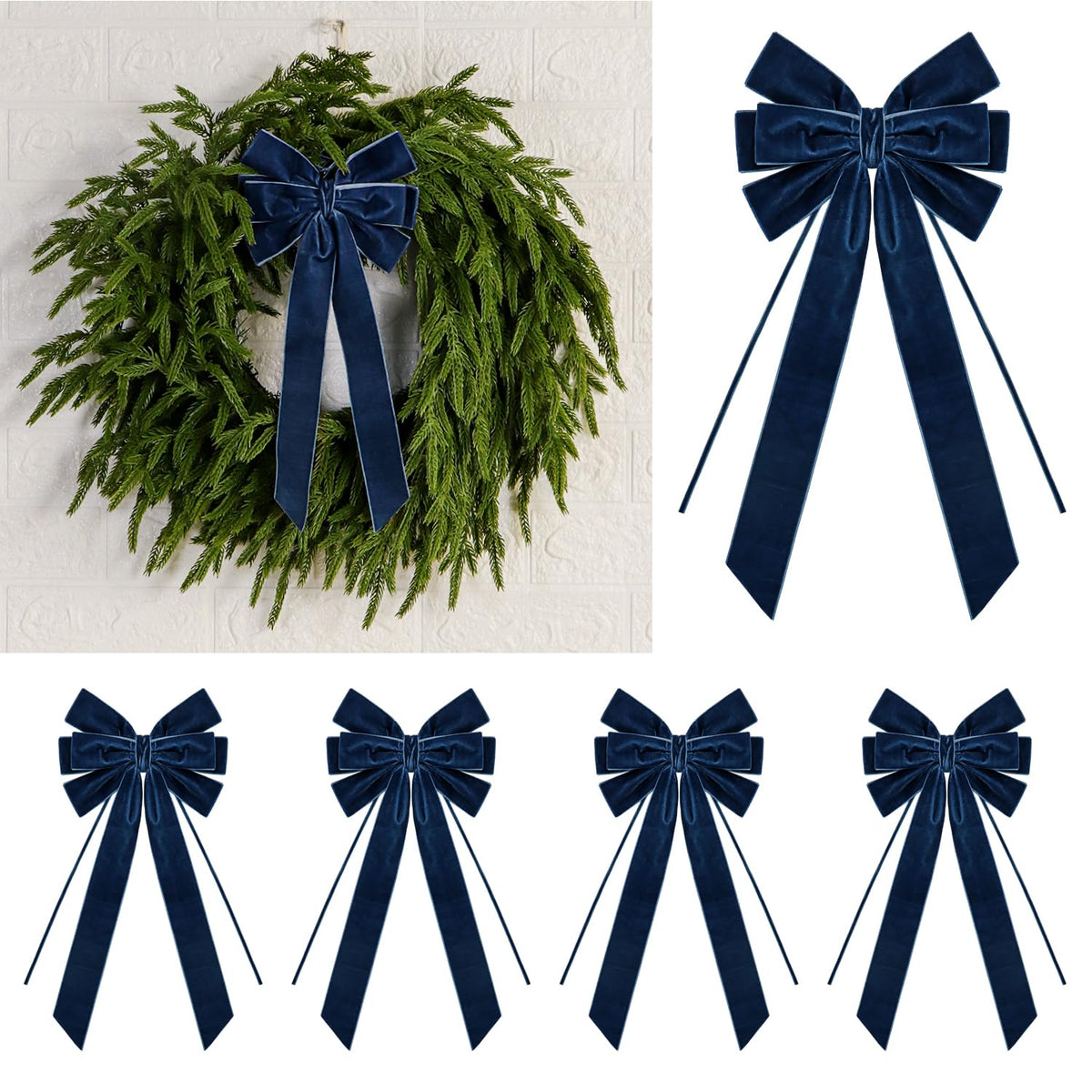 4 Pcs Navy Blue Christmas Velvet Bows - 15 x 6.5 Inch Vintage Tree Topper Bow for Gift Wrapping Xmas Tree Wreath Garland Wall Cabinet Fireplace