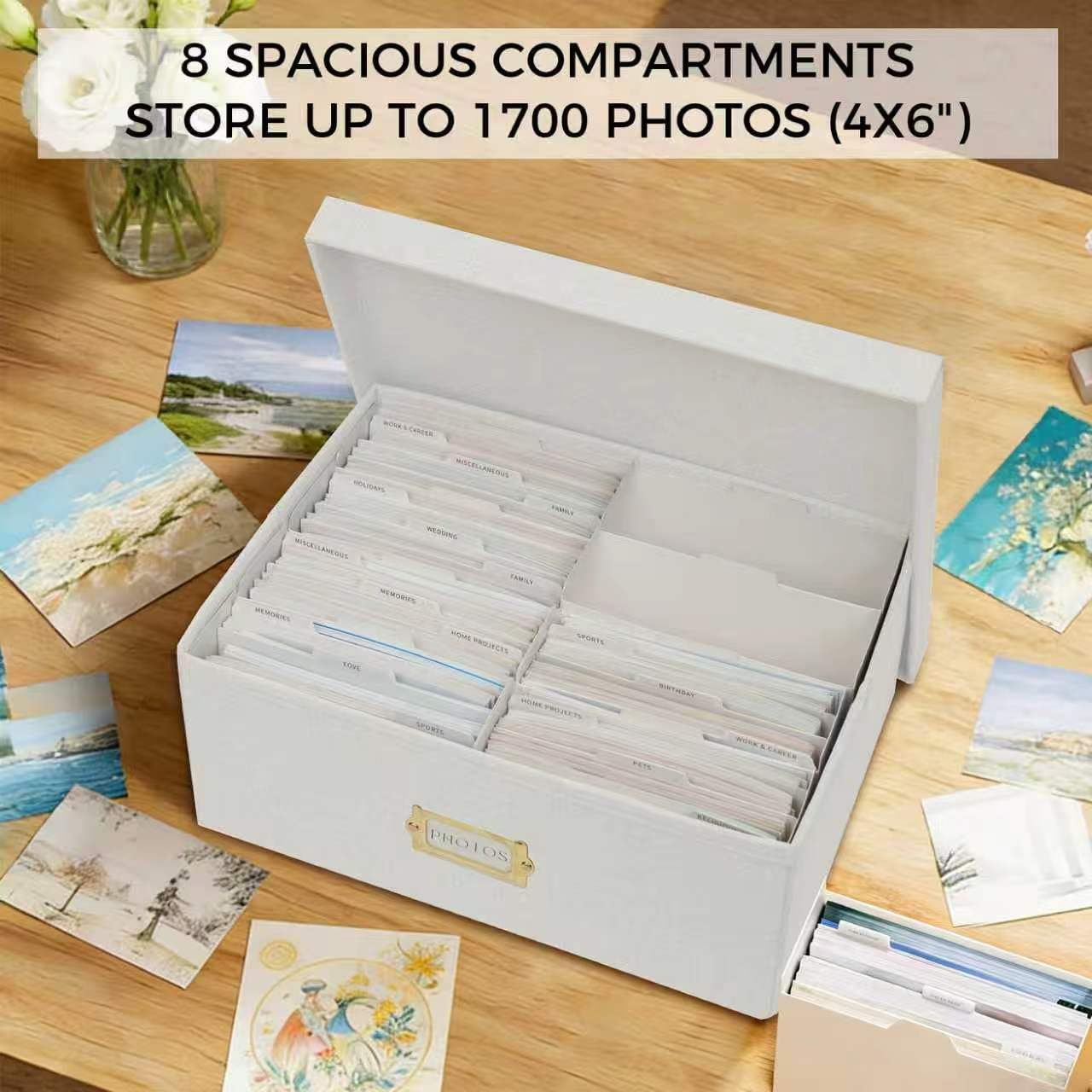 kroucoco Linen Photo Storage Box,hold up to 1700 Photos of 4x6”,Photo Containers with Dividers,Photo Storage Organizer with Lid for