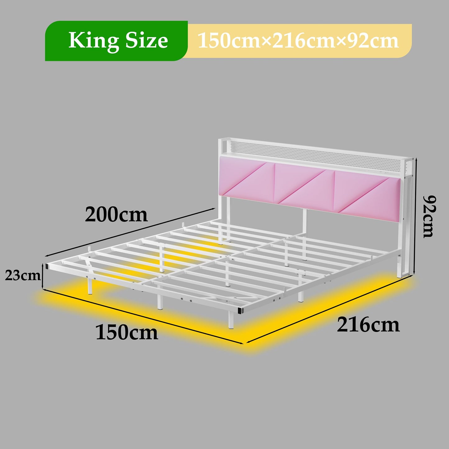HAHRIR King Size Bed Frame with Floating Upholstered Storage Headboard,Pink