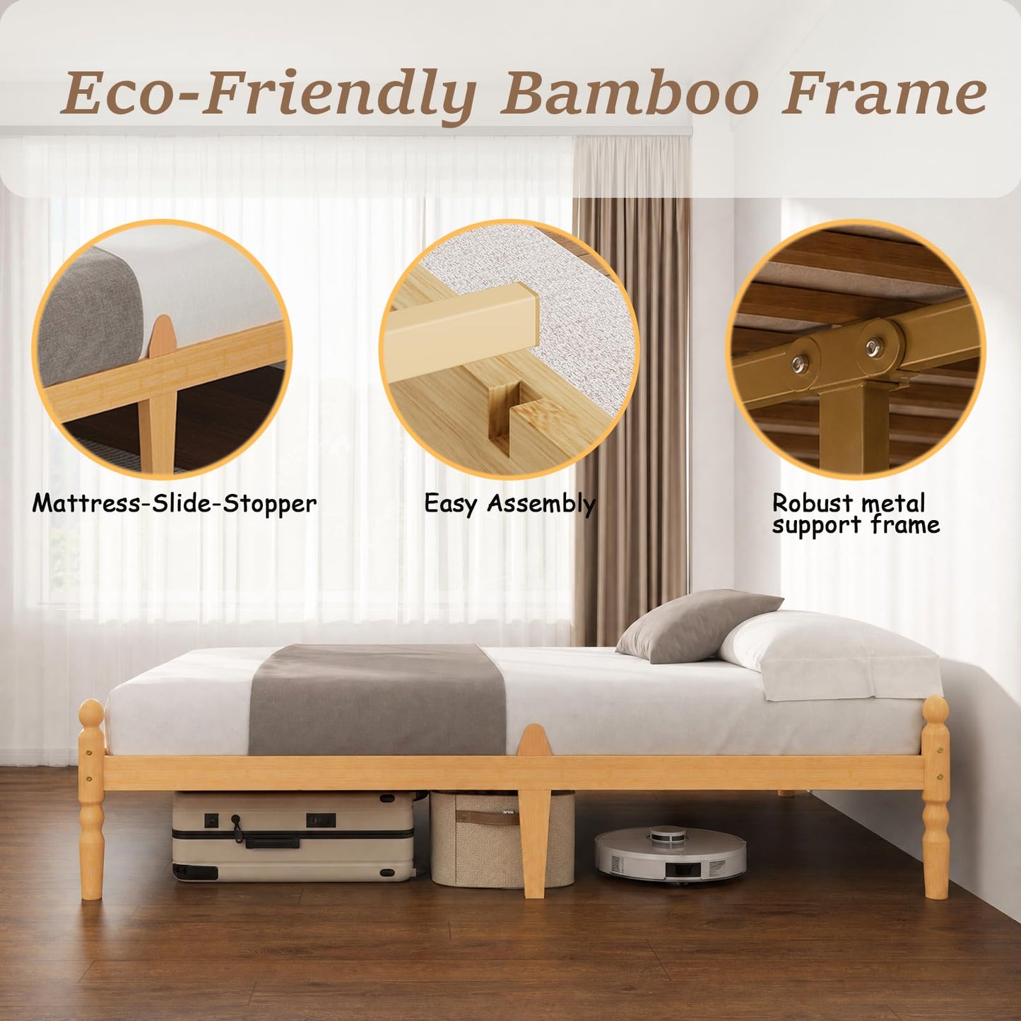 APEXTELLA HOME Single Bed Frame 14-inch Natural Bamboo Wood Platform Bed with Metal Slats Support and Mattress Slide Stopper, Underbed Storage Space