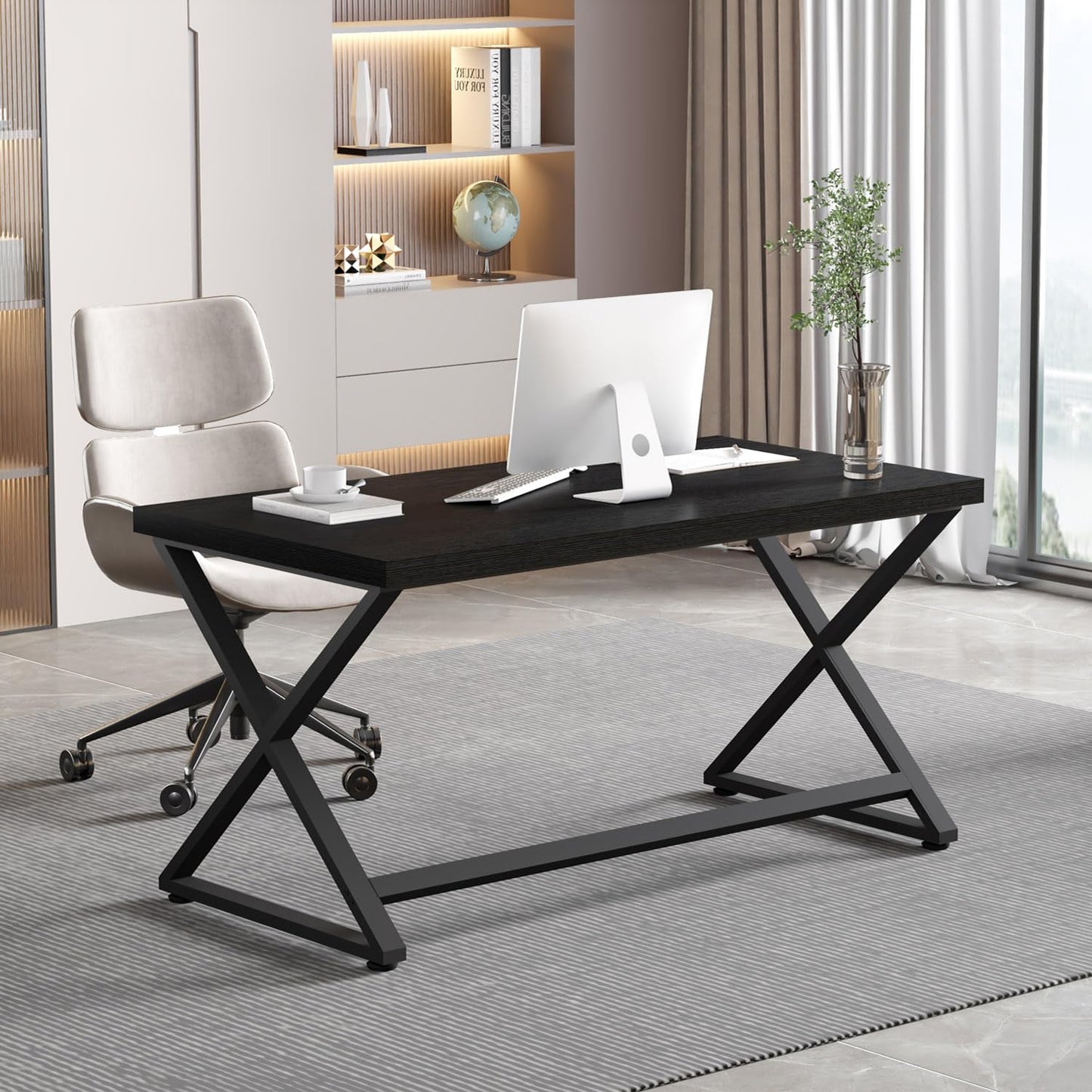 IBF Black Computer Desk, Simple Work Desk for Home Office, Industrial Writing Study Desk in Bedroom
