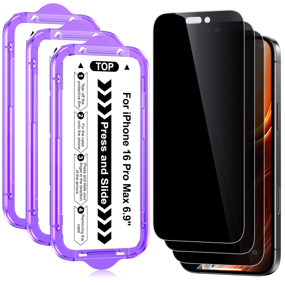 Ksleri 3 Pack for iPhone 16 Pro Max Privacy Screen Protector, Anti-Spy Tempered Glass Film with Auto-Aligning Easy Installation Kit, Anti-Scratch, 9H