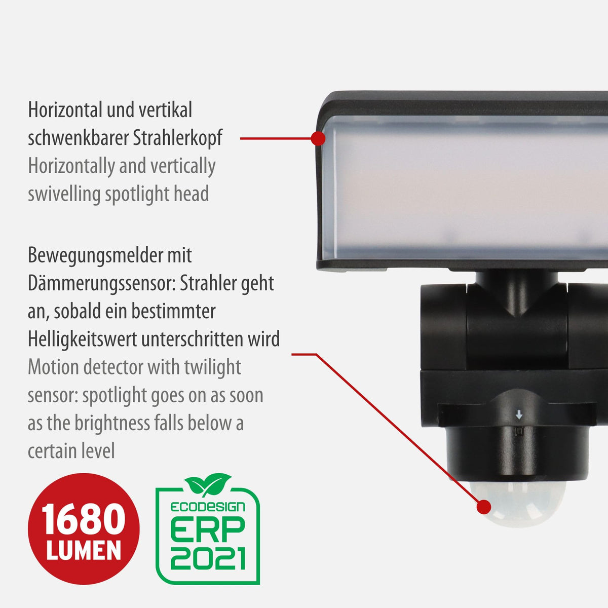 Brennenstuhl LED Security Light Outdoor with Motion Sensor WS 2050 SP (20W, 1680lm, IP44, 3000K, Warm White Light, 180 Angle of Detection with up to