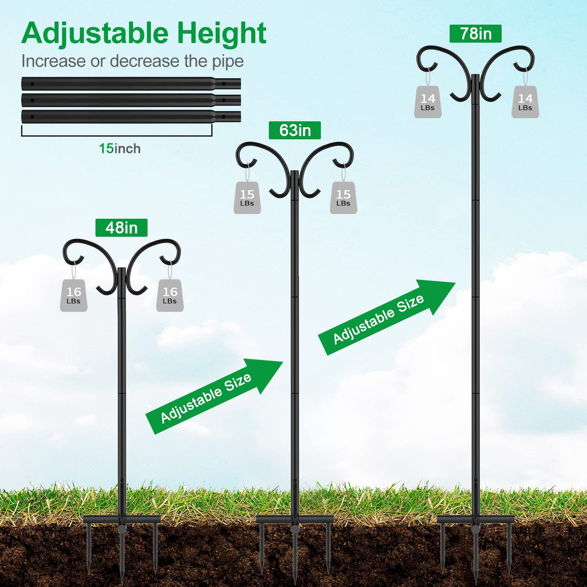Mutool 78in/198cm Adjustable Shepherds Hooks for Outdoor, 2 Pack Heavy Duty Bird Feeder Pole, Shepherds Crook Garden Hooks for Lantern Birdfeeder
