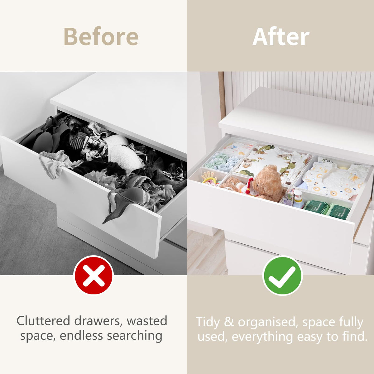 ORLISA Drawer Organiser for MALM Chest of Drawers, 7-Pack Clothes Drawer Dividers Set, Fabric Storage Boxes for Underwear, Socks & Baby Clothes