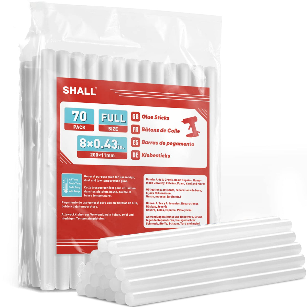 SHALL Full Size Hot Glue Sticks, 0.43? Dia x 8? Long(11mm x 200 mm)70-Pack Clear Hot Melt Glue Gun Sticks for All-Temp Glue Guns, Multipurpose DIY