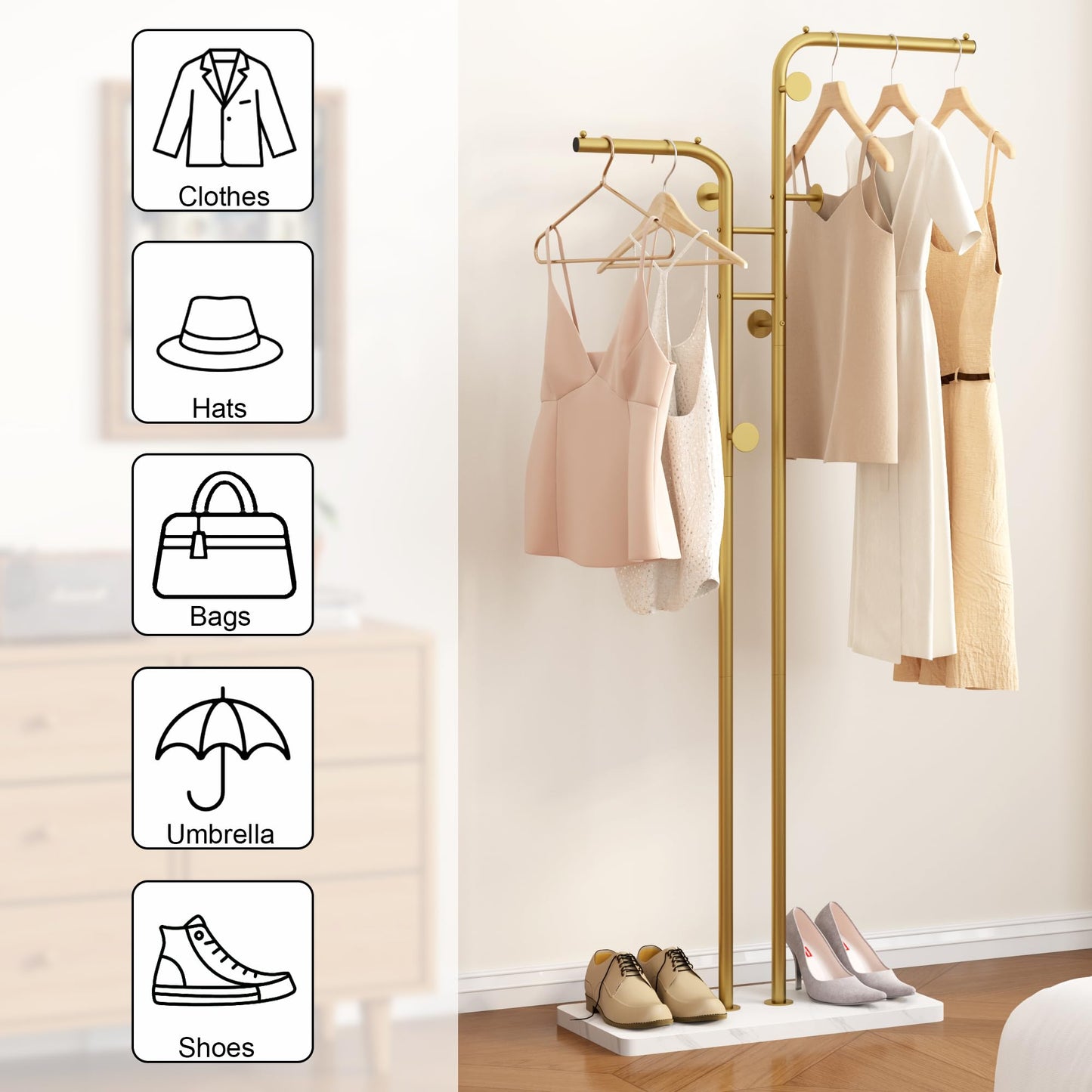 HOME BI Metal Coat Rack, Modern Coat Tree with 5 Hooks, Double-pole Clothes Hanger Stand, Freestanding Coat Rack for Entryway, Closet, Bedroom, Gold