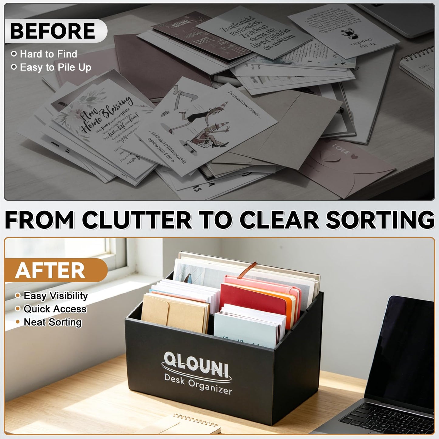 QLQUNI Desk Organiser, 4 Compartment Step Desk Tidy, Black Desktop Storage Box for Letters, Bills, Stationery & Office Supplies