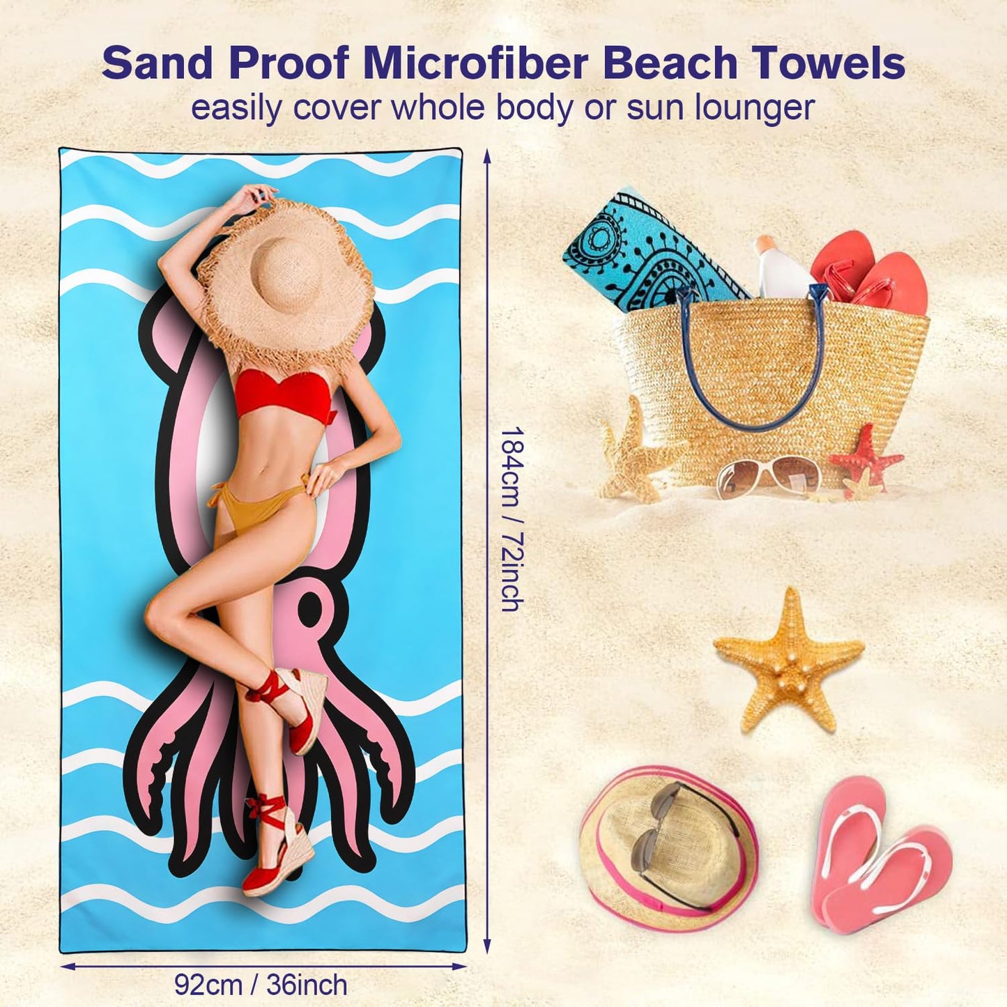 Violetpos 2 Pack Extra Large 180x90 cm Beach Towels, 250GSM Premium Microfibre, Sand Free Quick Dry Lightweight