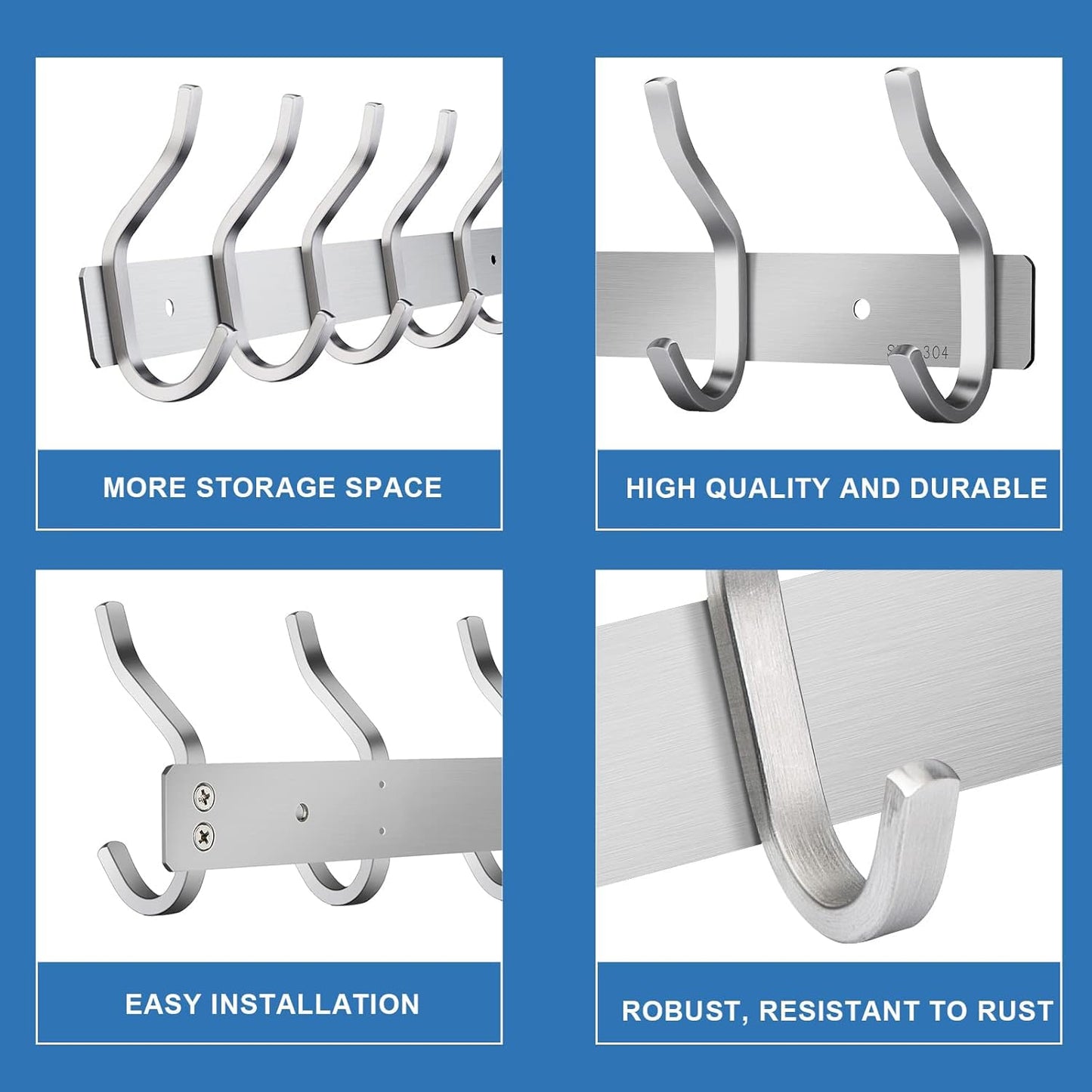MEIJO Coat Hooks Wall Mounted, Coat Rack Wall Mounted Stainless Steel with 6 Hooks Heavy Duty Coat Hooks for Door, Bedroom, Bathroom, Kitchen