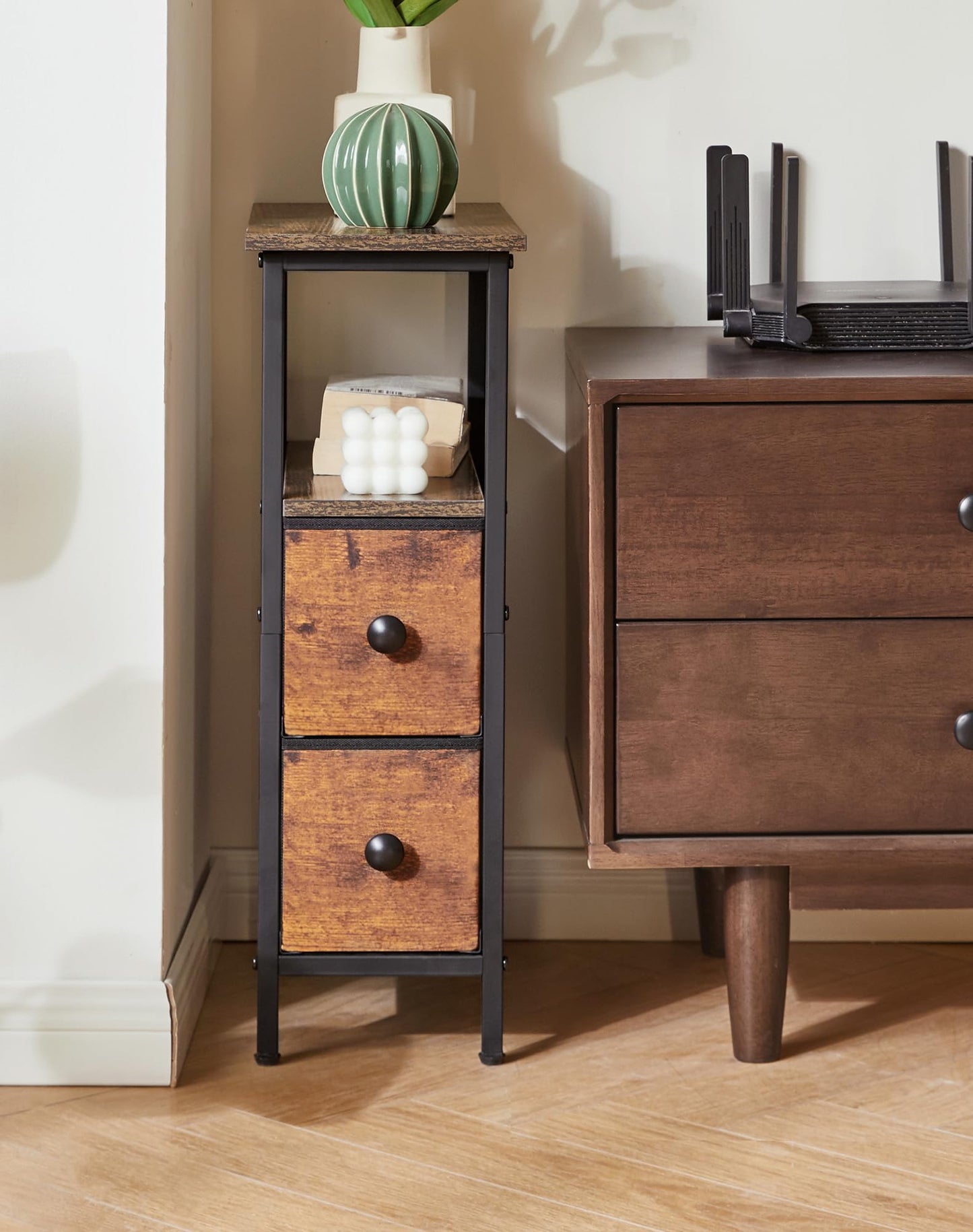 YMYNY Narrow Side Table Set of 2, Slim Bedside Table with 2 Fabric Drawers, Nightstand for Small Spaces