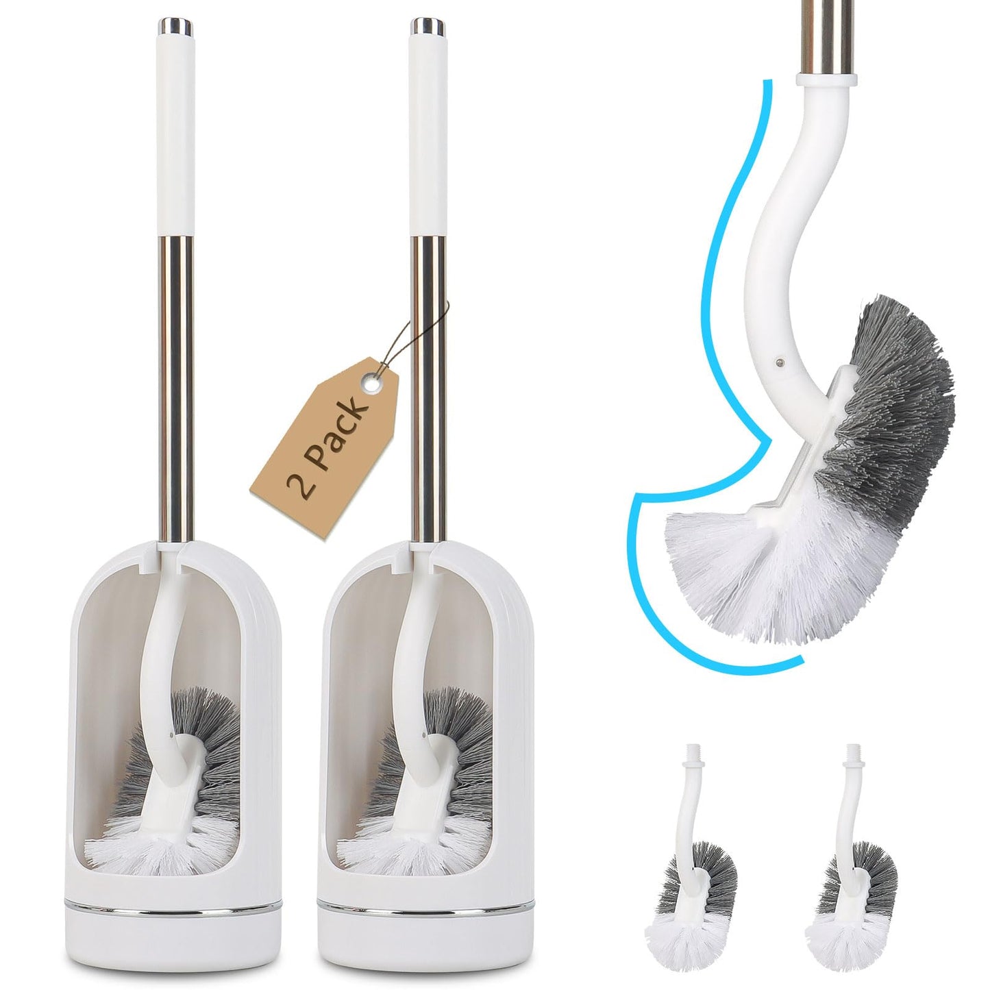 Toilet Brush, Toilet Brushes with Holders, Curved Toilet Brush with Edge Cleaner, Stainless Steel & Plastic Handle, Bathroom Cleaning Brush