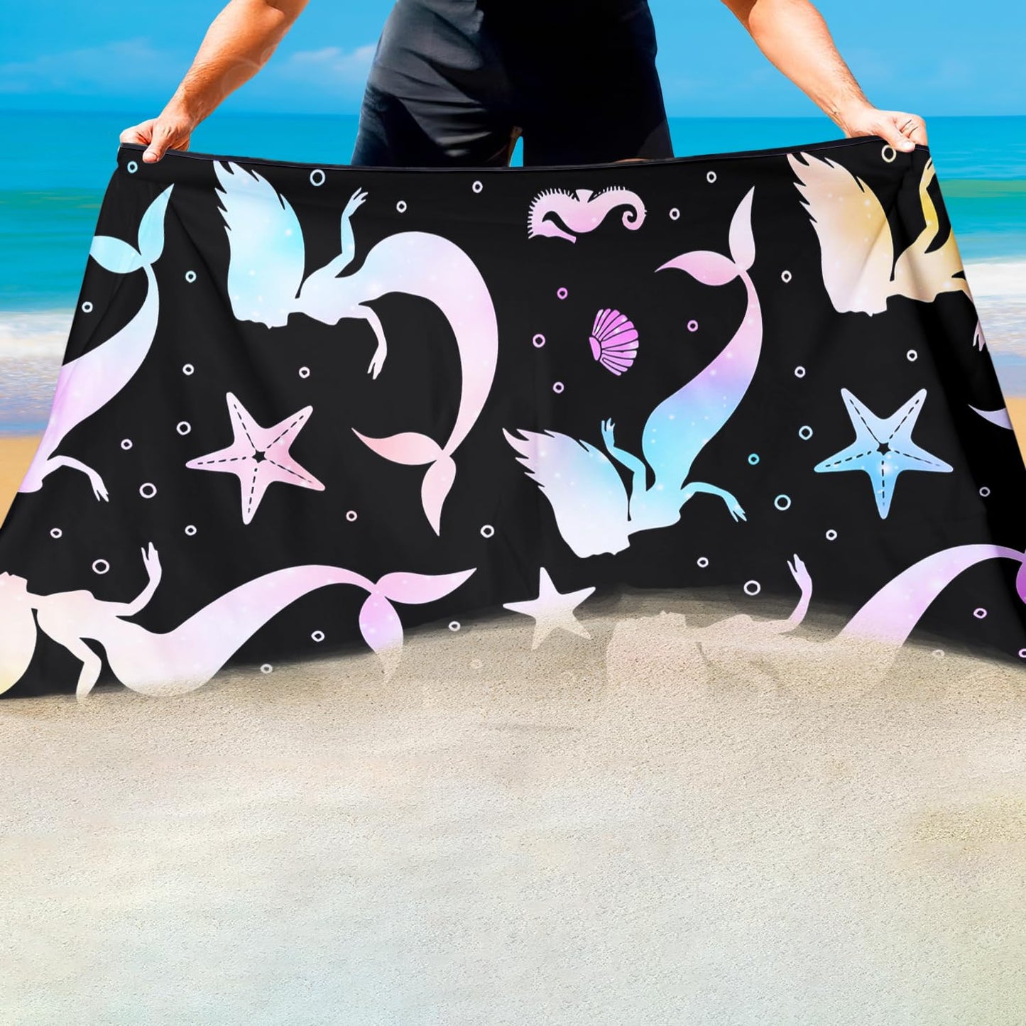 Violetpos Gradient Mermaid Silhouette Beach Towel, Extra Large 180x90 cm 250GSM Microfibre, Sand Free Quick Dry