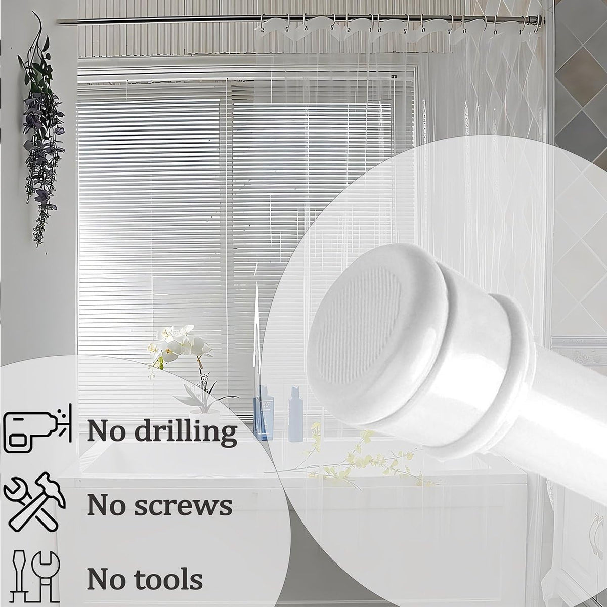 Tension Rod For Curtains No Drill Curtain Pole Extendable Curtain Poles Tension Rod For Windows,Shower White 67-90CM