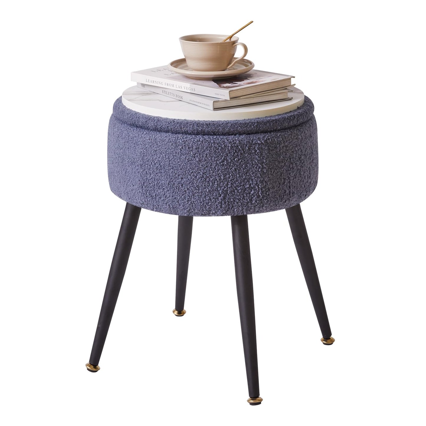 Aibiju Dressing Table Stool with Storage Space, Round Footrest Stool Ottoman, Vanity Dressing Table Chair with 4 Metal Legs for Home Living Room