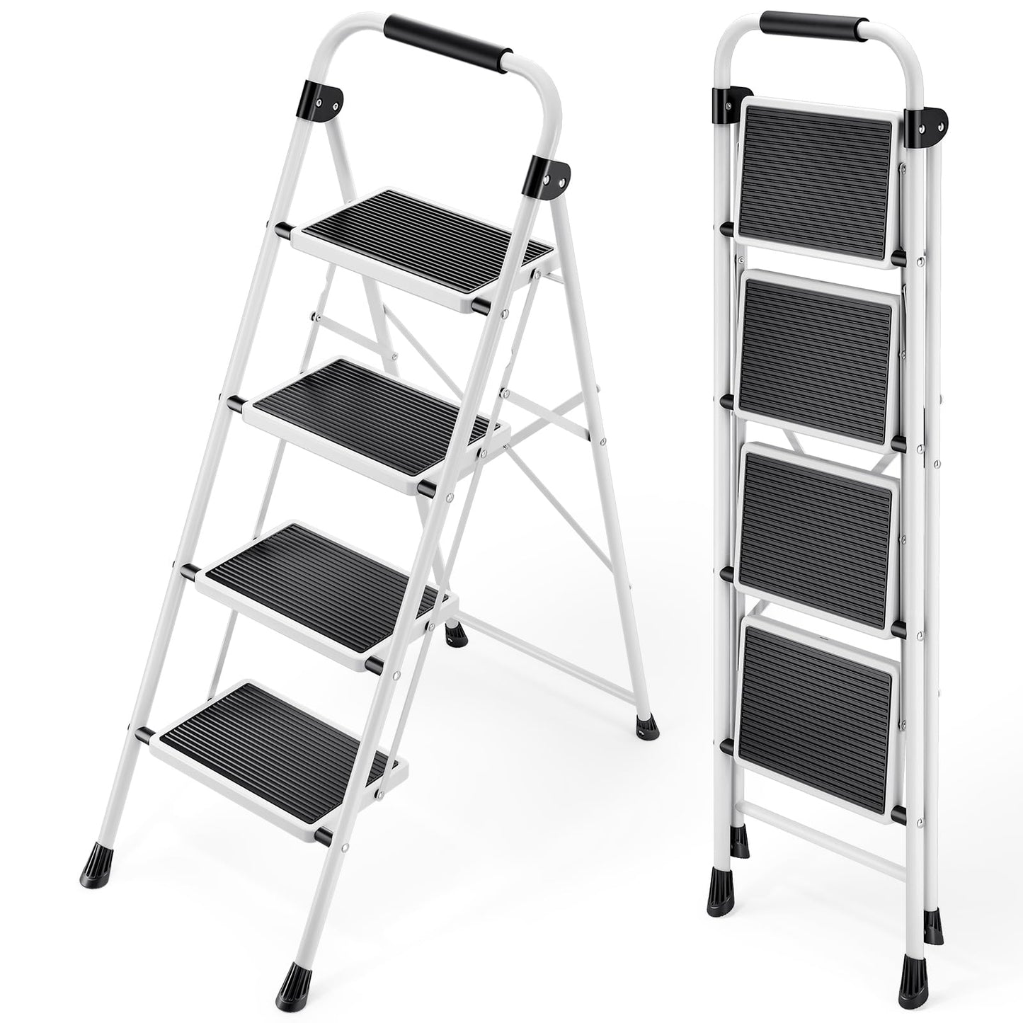 KINGRACK Step Ladder, Folding Ladder with Non-Slip and Wide Pedal, Folding Step Stool for Adults, Lightweight and Portable Step Ladder (White, 4 Steps