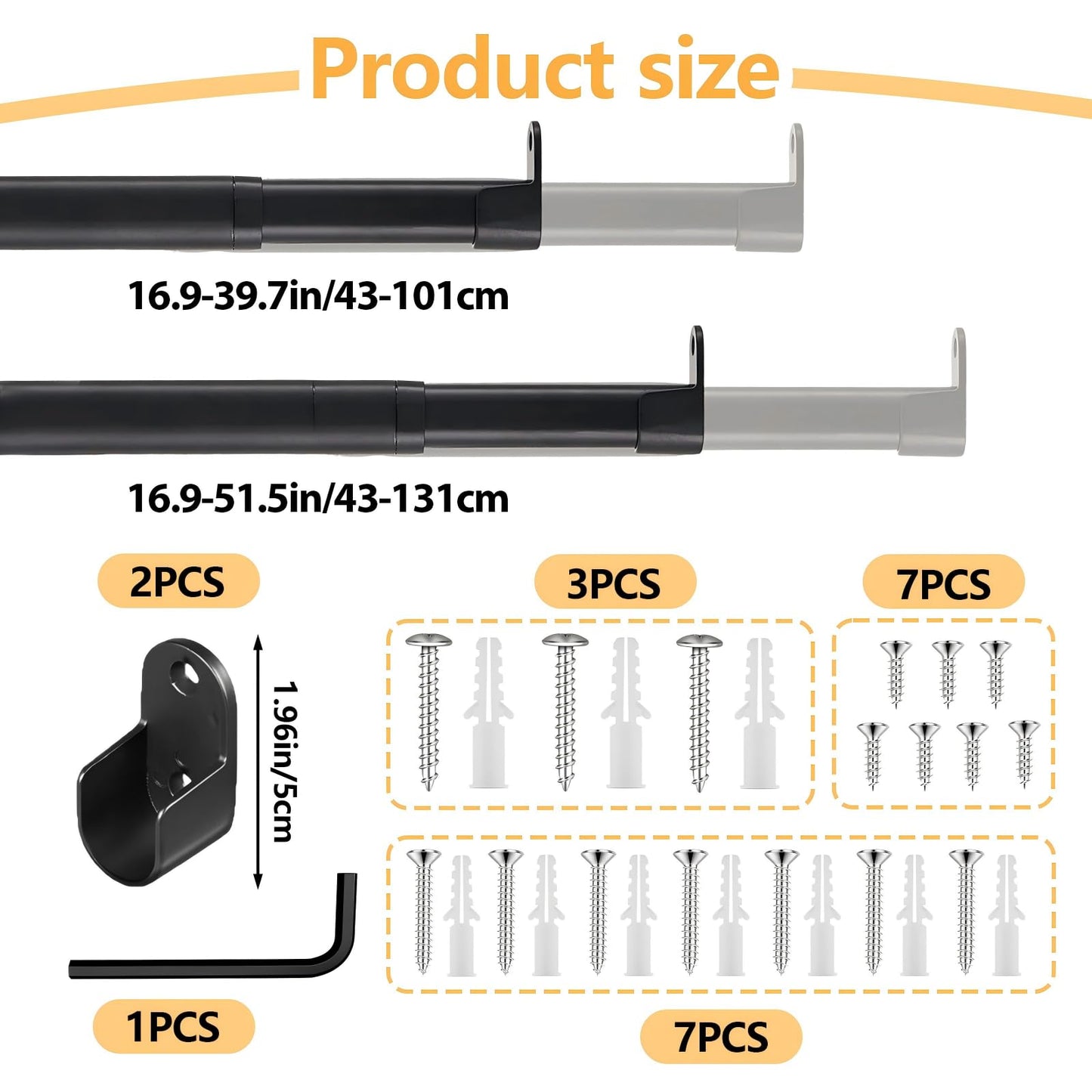 Adjustable Pole For Wardrobe, Heavy Duty Hanging Rail Wall Mounted with 2 Brackets, Stainless Steel Clothes Rail Wall Mounted