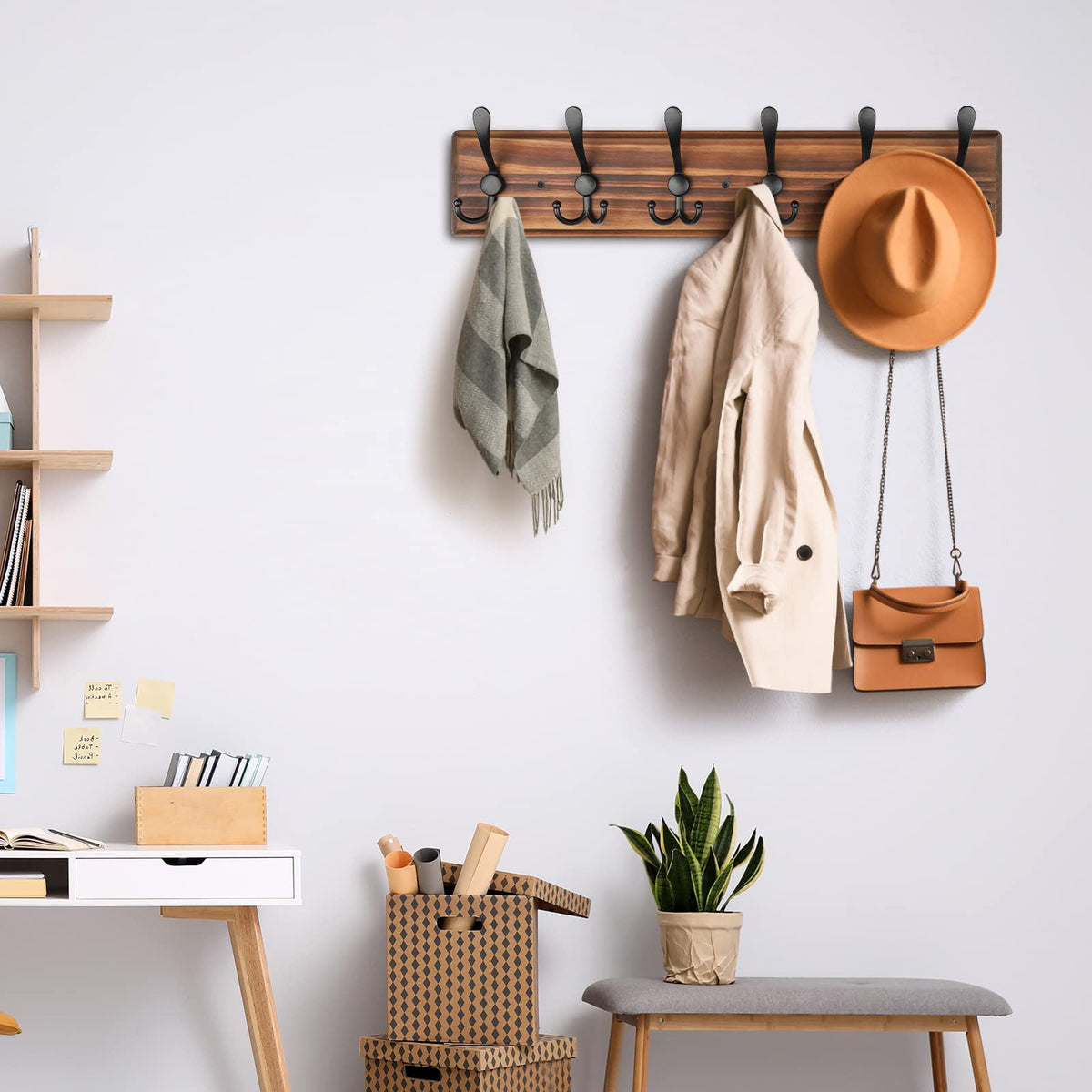 PHINGEER Wall Mounted Coat Hooks, Wooden Heavy Duty Coat Rack for Wall,6 Triple Coat Hanger Hooks for Hanging Coats,Jacket,Hat,Clothes,Brown (Brown, 6