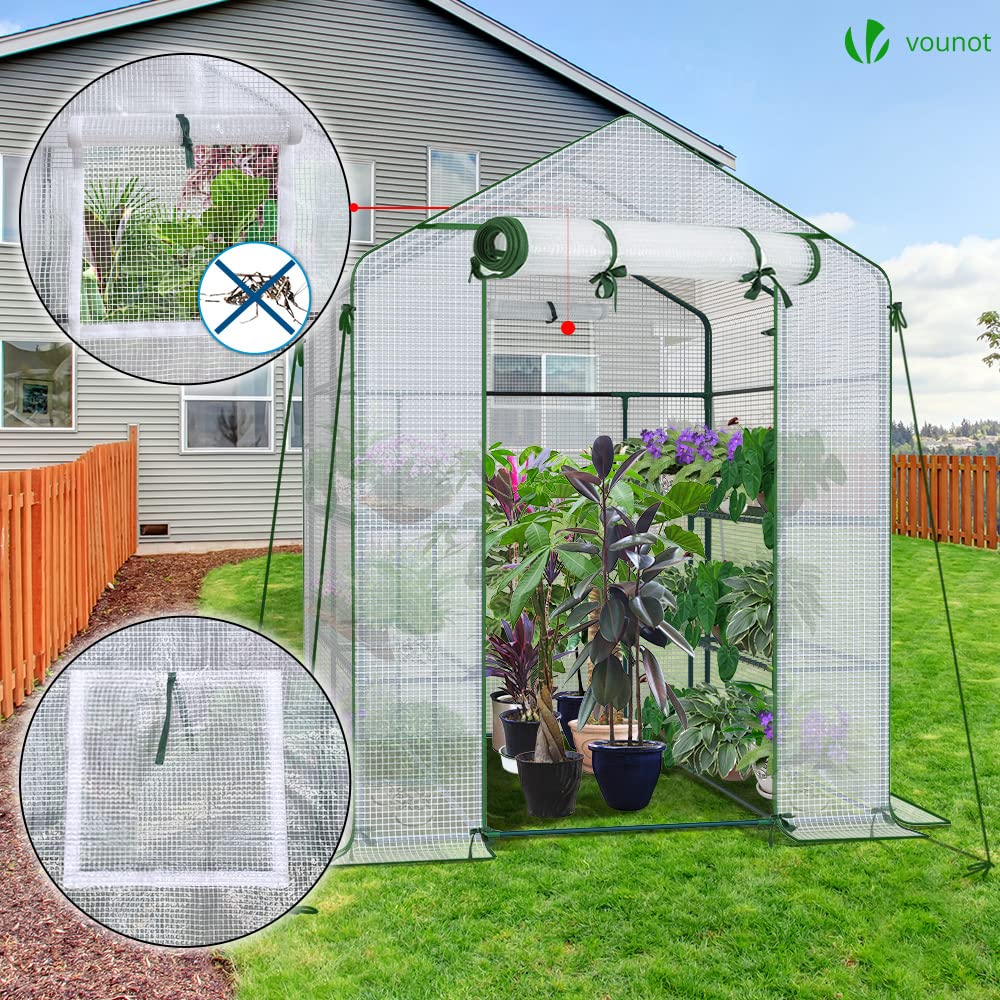 VOUNOT? Walk In Greenhouse with Shelves, Roll up Zip Panel Door Garden Plastic Polytunnels Grow House for Outdoor Use, White 143x143x195cm