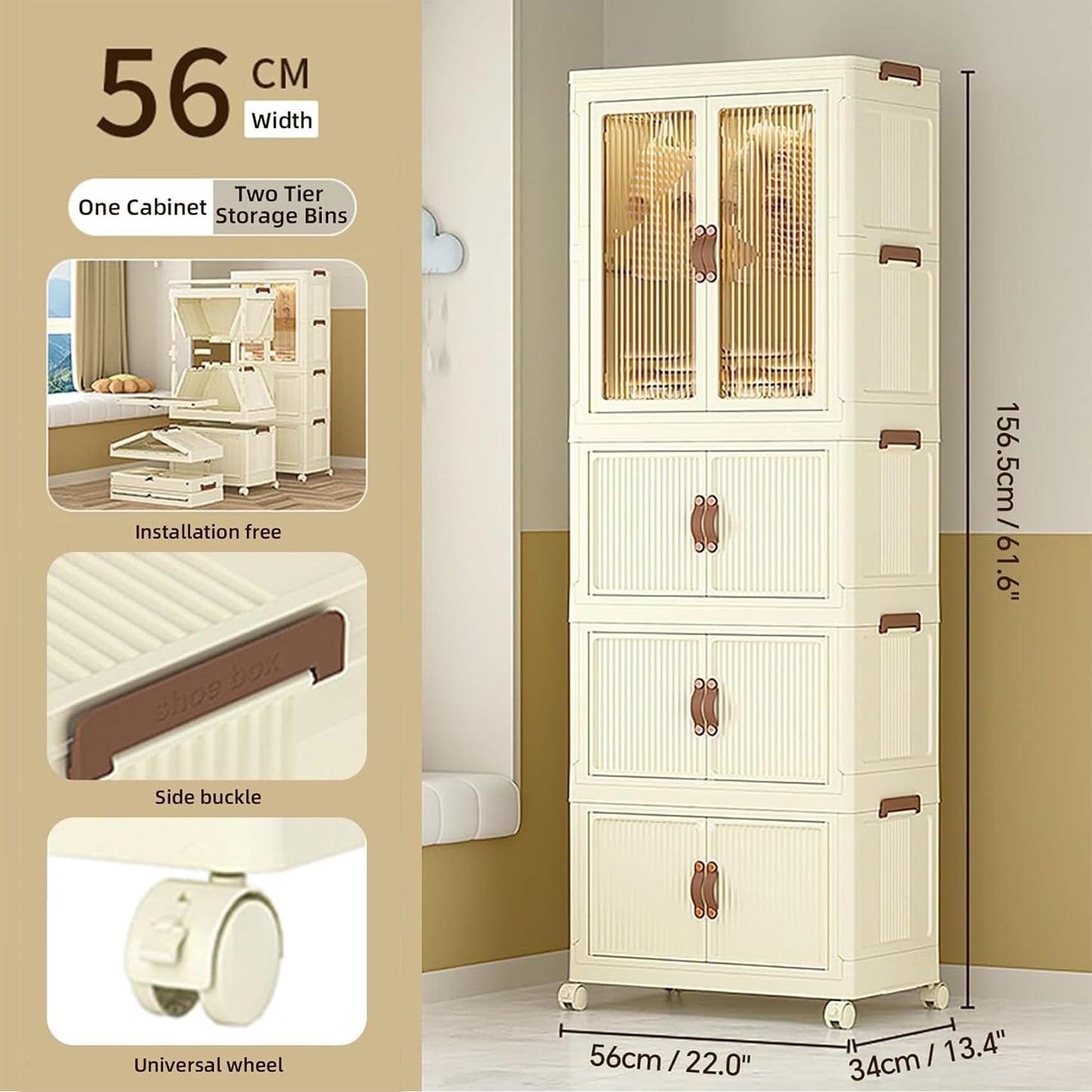Roqao 4-Tier Kids Wardrobe, Portable Foldable Closet Storage, 298L