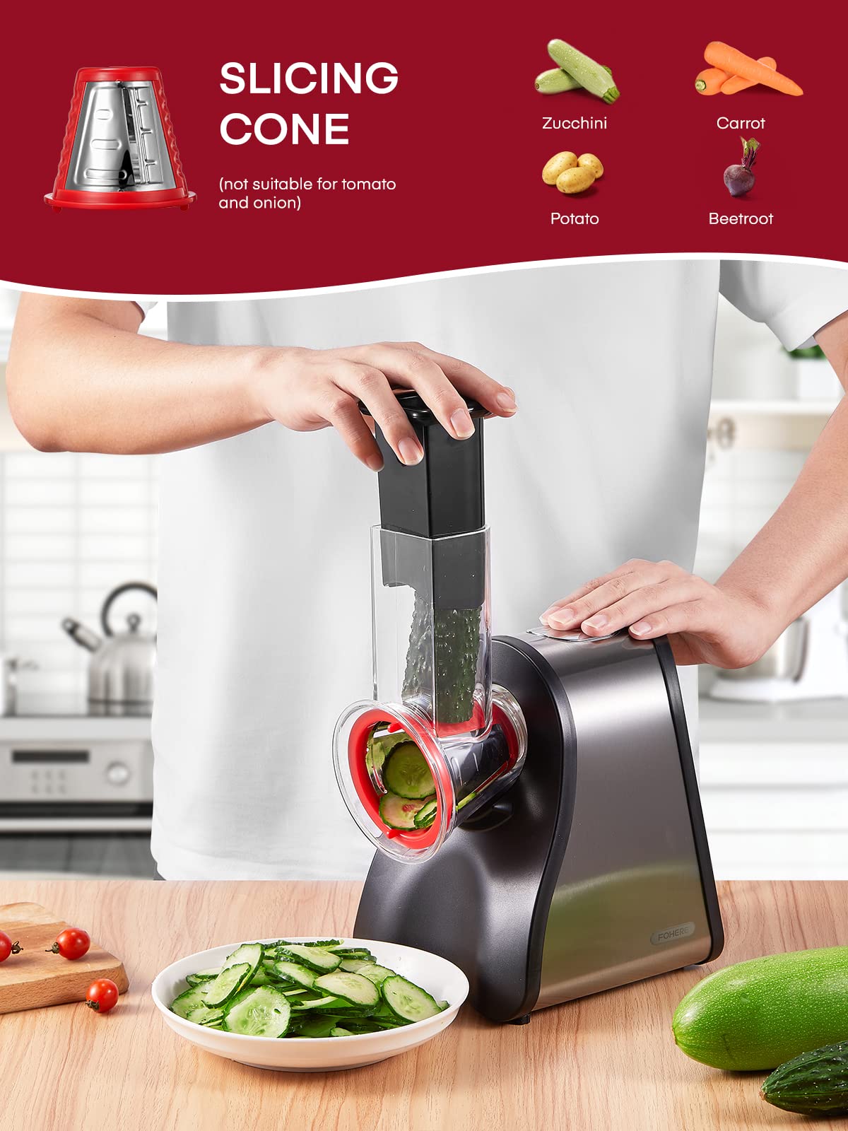 FOHERE 4 in 1 Electric Vegetable Grater 150W Electric Grater for Fruit and Vegetables, Multi Salad Maker with 4 Interchangeable Cones Ideal for