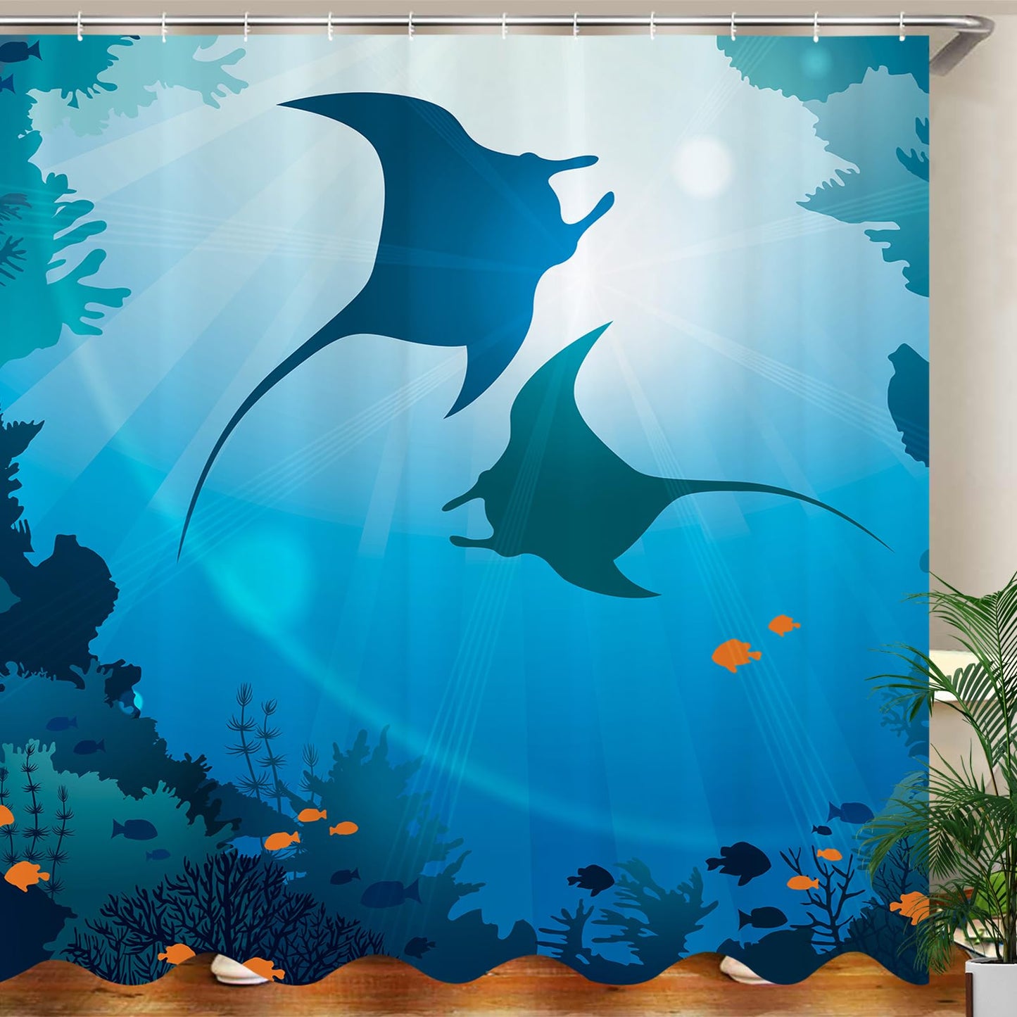 JOOCAR Summer Ocean Shower Curtain Underwater World Marine Organisms Blue Sea Ray Fish Bathroom Decor Polyester Fabric Waterproof Shower Curtain Set
