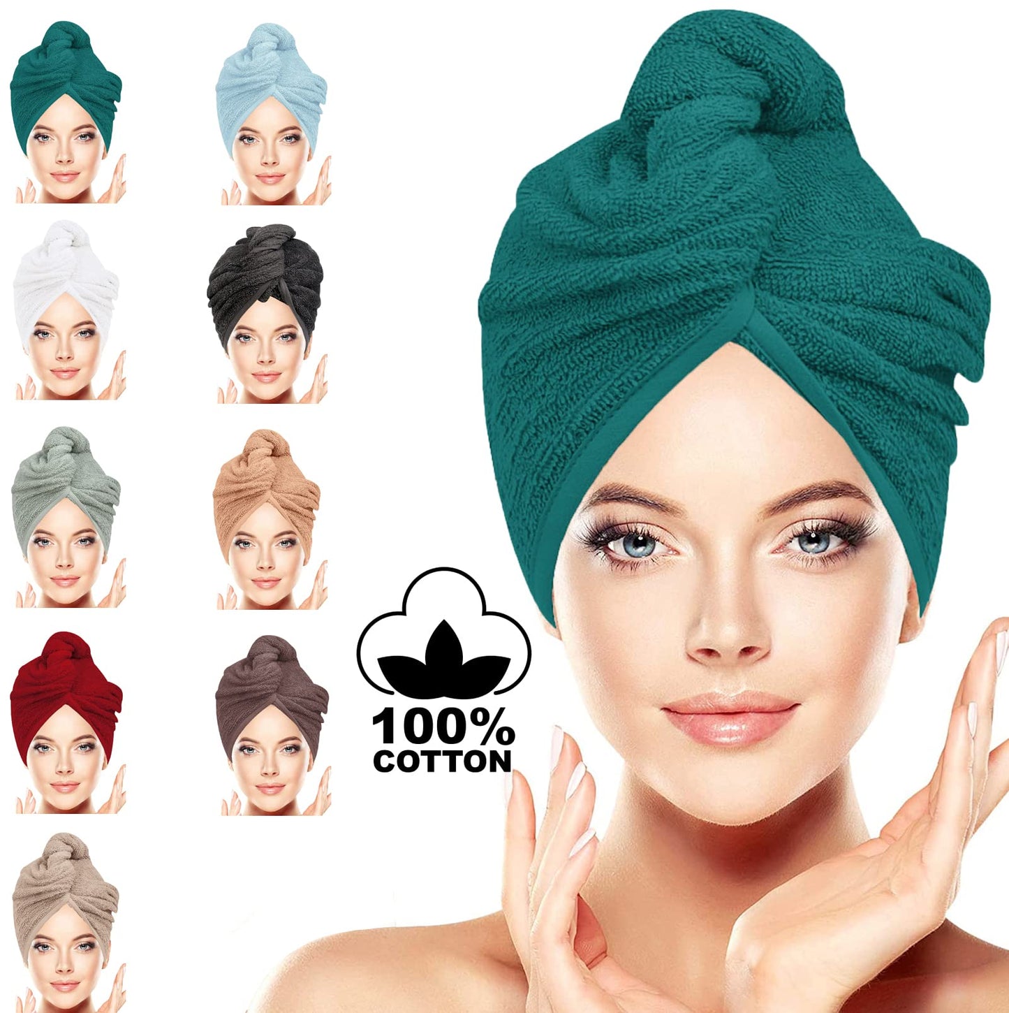 BAVIN LUXURY Hair Towel Wrap 100% Cotton, Instant Drying Lightweight Turban Cap Super Quick Absorbent Anti-Frizz Twist Toweling Dry Hat with Button