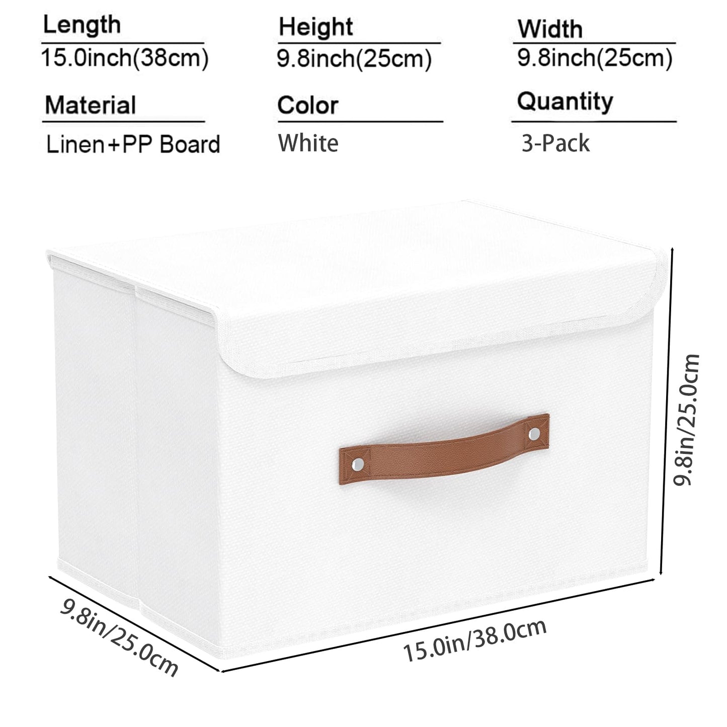 Yawinhe Collapsible Storage Boxes with Lids,38x25x25cm,White,3-Pack
