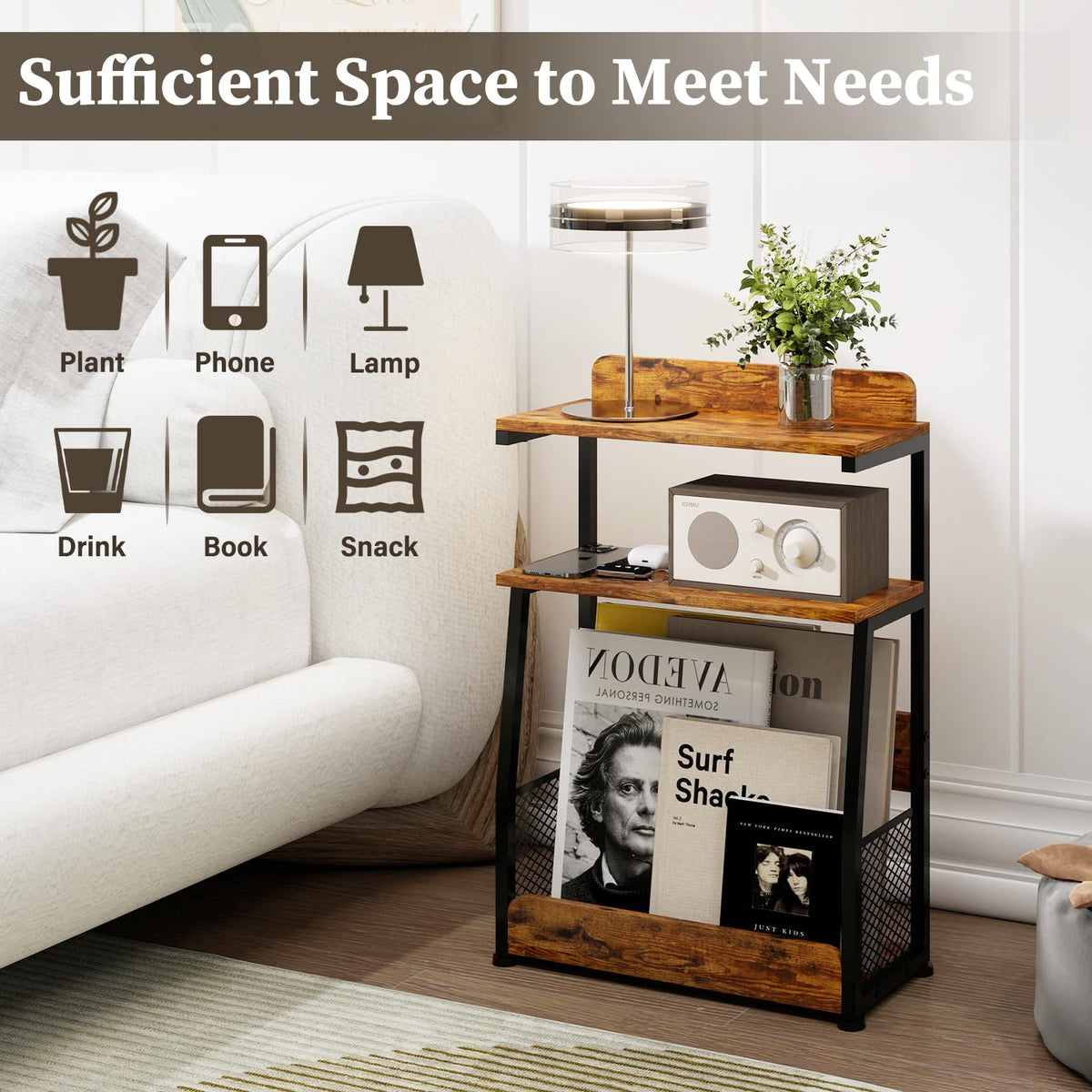 PUNCIA 3 Tier Slim End Table with Magazine Rack Retro