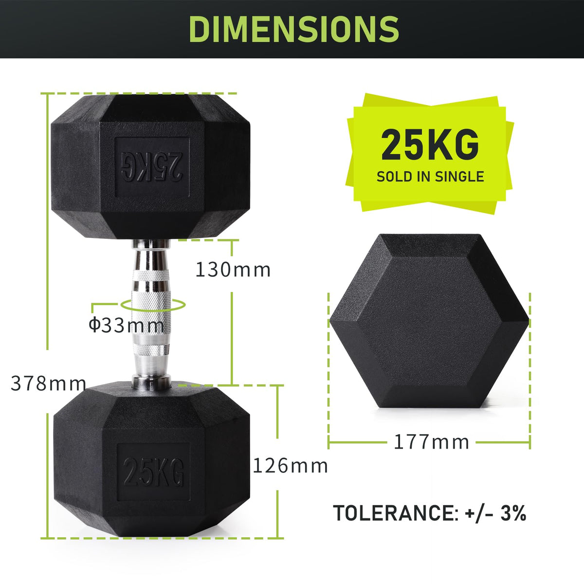 PhysKcal Hex Dumbbells 25kg Single, Odourless Poly Rubber Encased Dumbbells Set 2.5KG 5KG 7.5KG 10KG 12.5KG 15KG 20KG Home Gym Weights Set