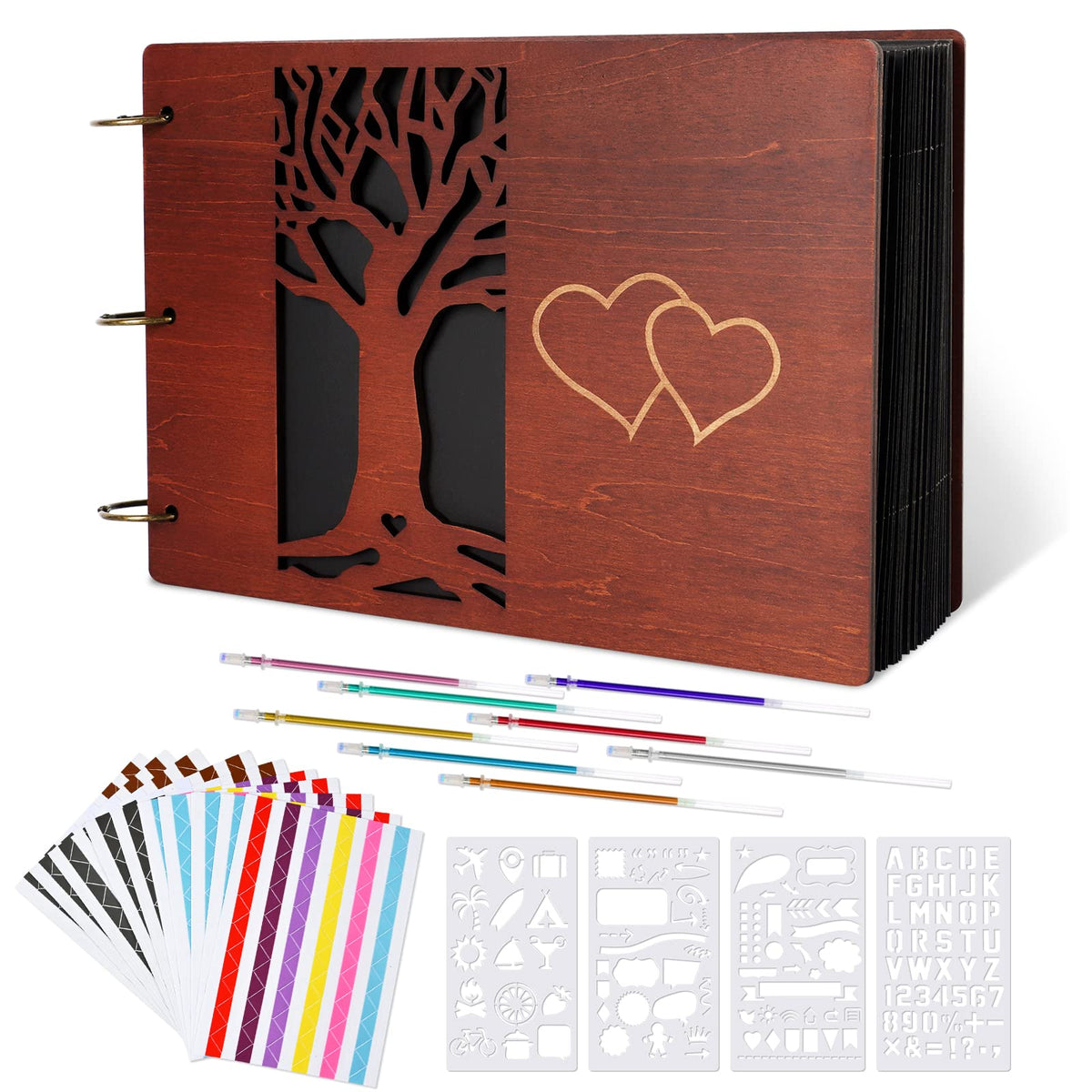 Giiffu Wooden Scrapbook Kit - Family Tree Photo Album 31x21cm, 100 Pages DIY Scrapbooking Gift with 8 Pens, 10 Stickers & 4 Stencils - Photo Book for