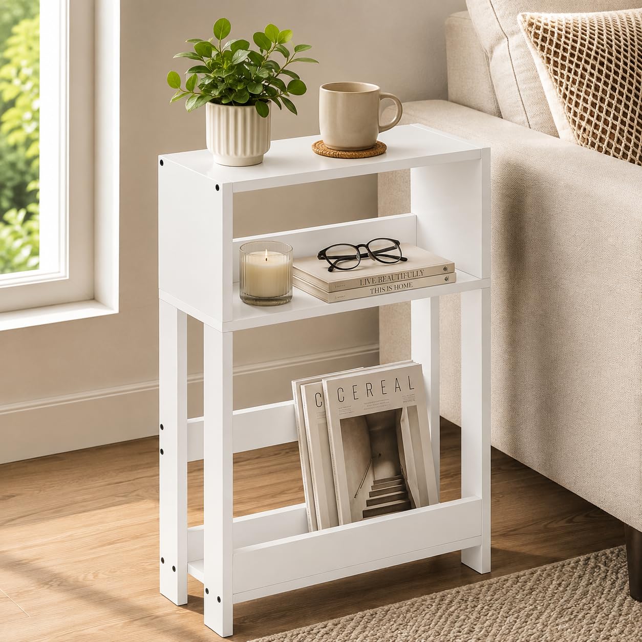 ZEXVIDA Narrow Side Table with Storage Shelf, 3-Tier Slim End Table & Nightstand for Bedroom, Living Room, Sofa Side Table for Small Spaces (White)
