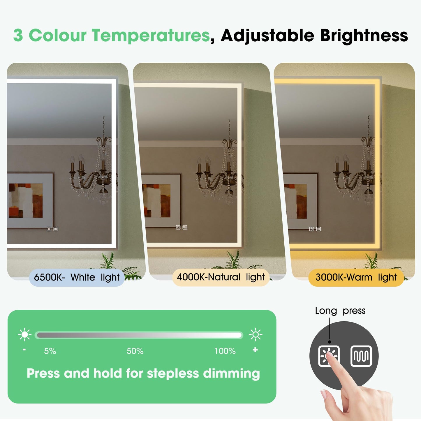 S'bagno Bathroom Mirror Cabinet 500x700mm, Lighted Bathroom Wall Cabinet with Mirror, Aluminium Alloy, Internal socket, Anti-Fog, 3 Colours Dimmable