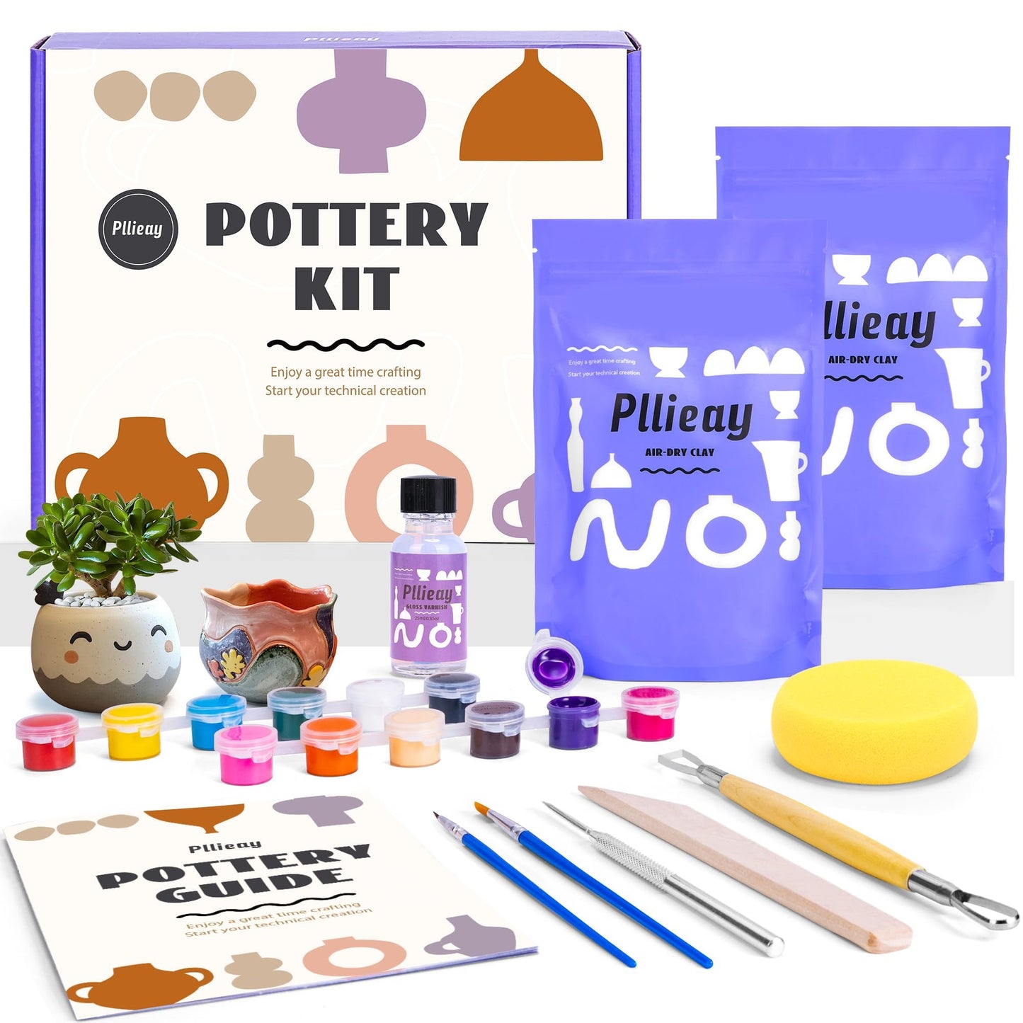 Pllieay Pottery Kit for Adults Air Dry Clay Kit Pottery Starter Kit for Beginners Pottery Painting Kit Includes Sculpting Tools, Varnish, Paint