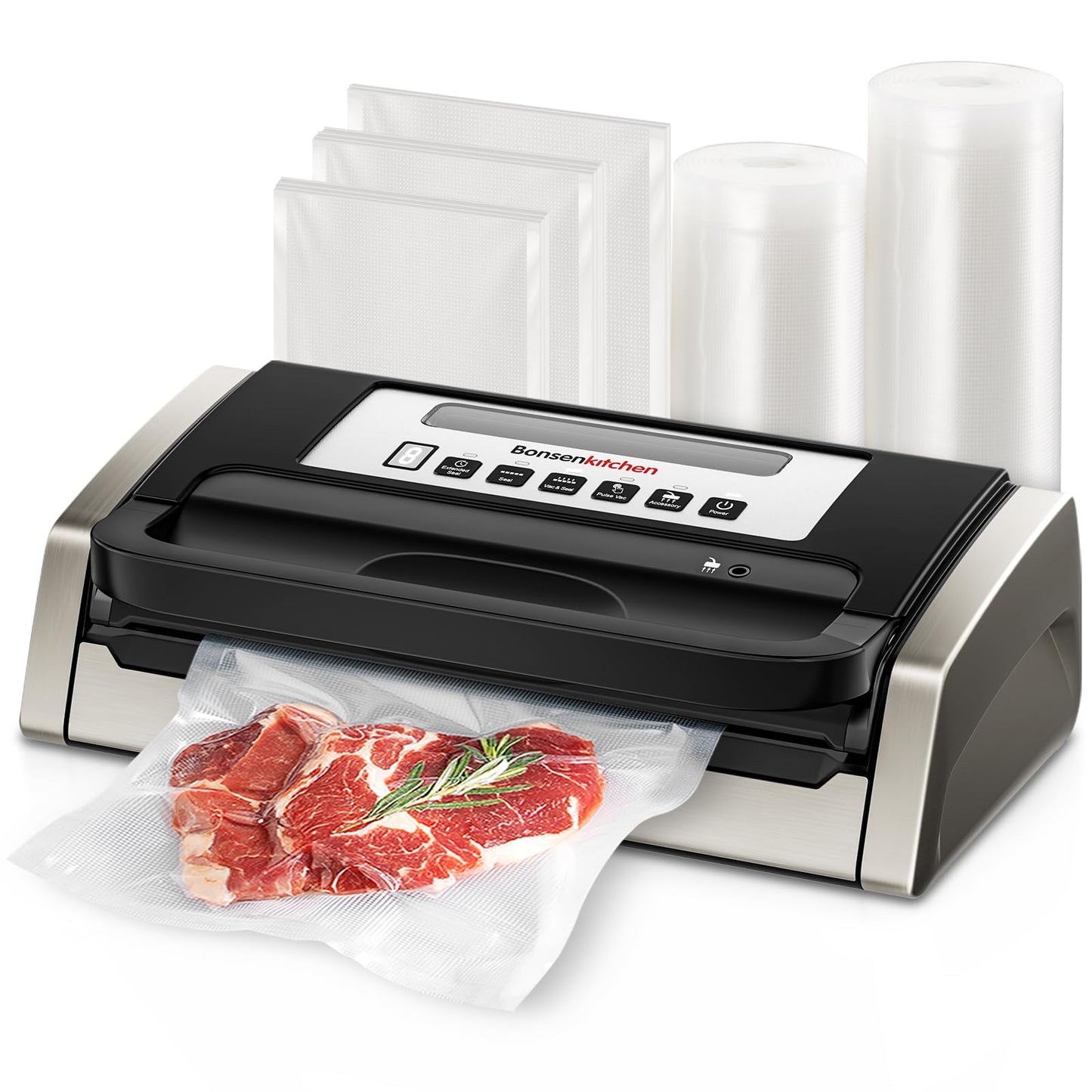 Bonsenkitchen Vacuum Sealer Machine, Globefish Technology for Powerful Vacuum Sealing, Low-Noise, Built-in Cutter and Bag Storage, Includes 2 Rolls