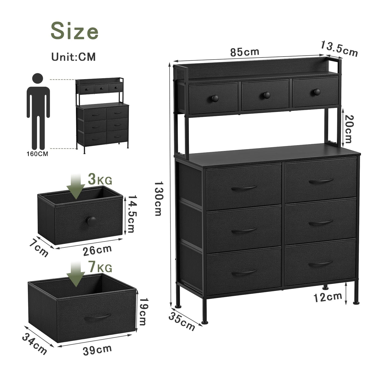 Mintnook Tall Chest of 9 Drawers, 3 Tiers Display Shelf Cabinet，Black