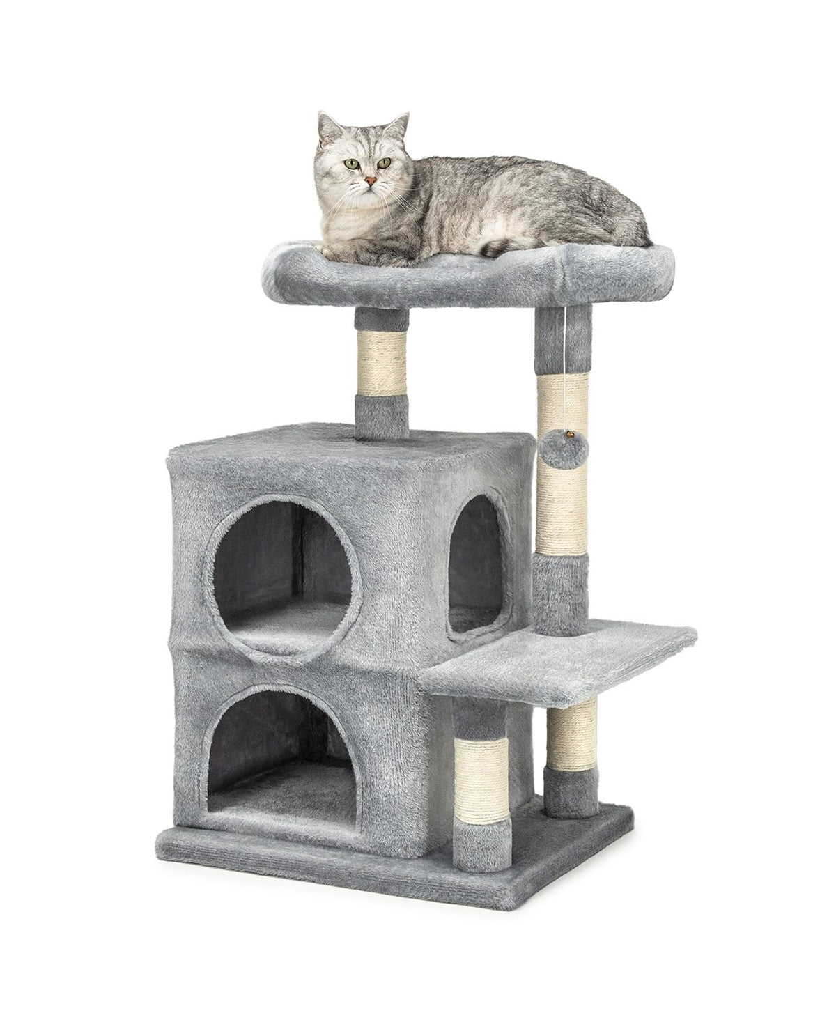 lionto Scratching tree for cats with 2 caves & cozy lying area, height 80 cm, cat tree with plush ball incl. bell, with sisal rope & plush, suitable