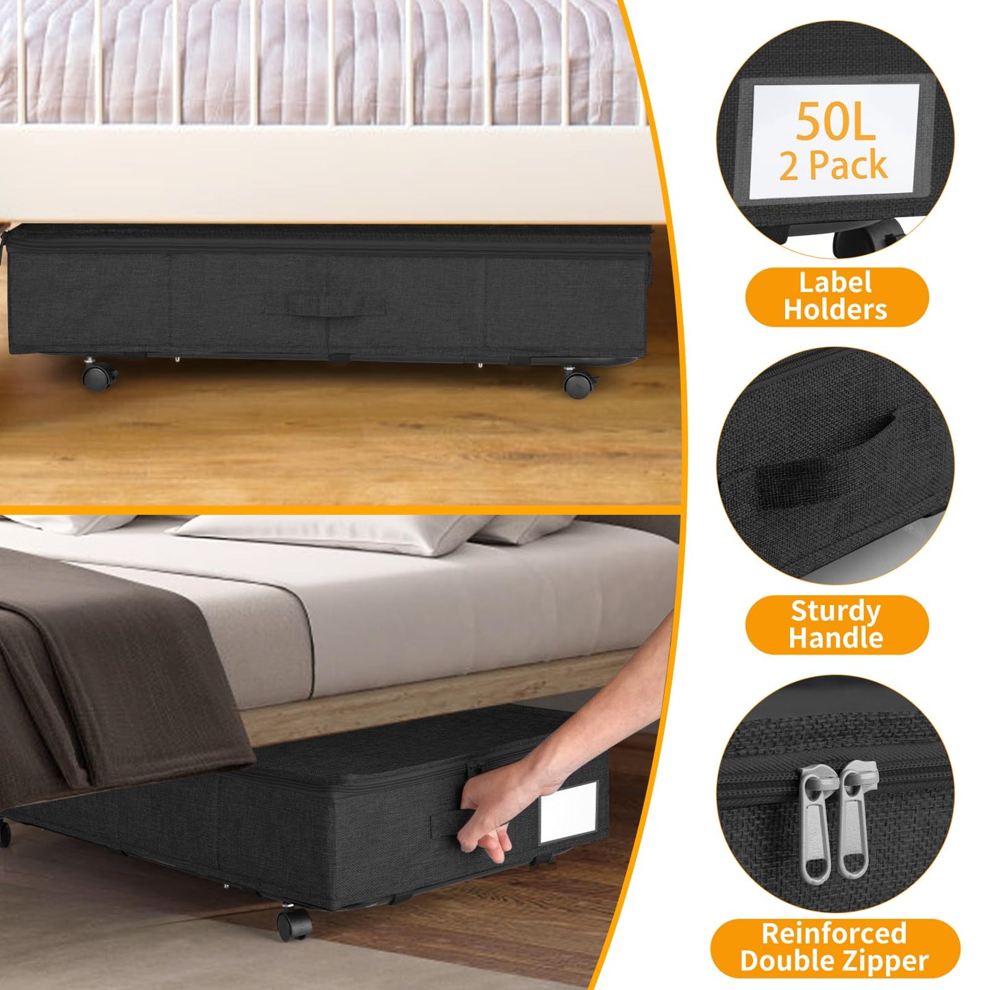 JUPELI Under Bed Storage Organiser, Dust-Proof Under Bed Storage on Wheels & Metal Bottom Support, Sturdy Underbed Storage with Wheels, Large Clothes