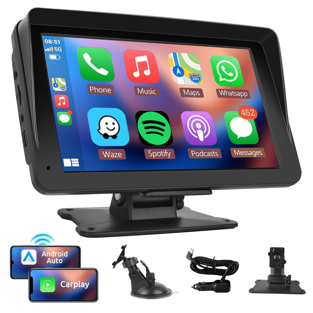 Rimoody Wireless CarPlay Screen Portable Car Radio Android Auto Screen, 7 Inch Touchscreen Bluetooth AirPlay Portable Car Radio with FM Transmitter