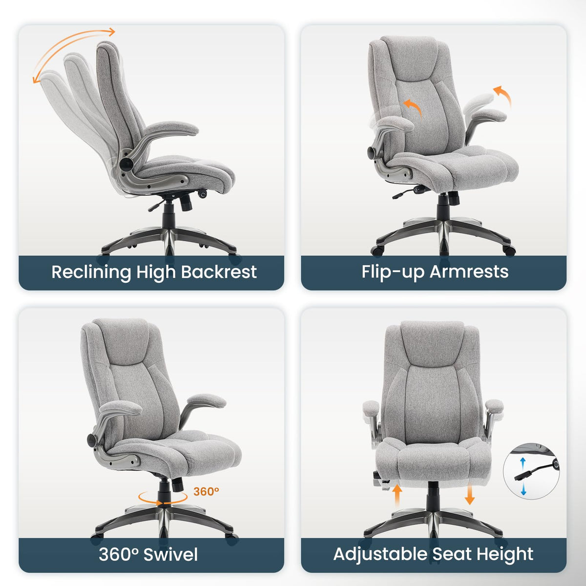 Ergonomic Executive Office Chair with Adjustable Lumbar Support, Flip-up Armrests, Double Padded Seat & Tilt Function