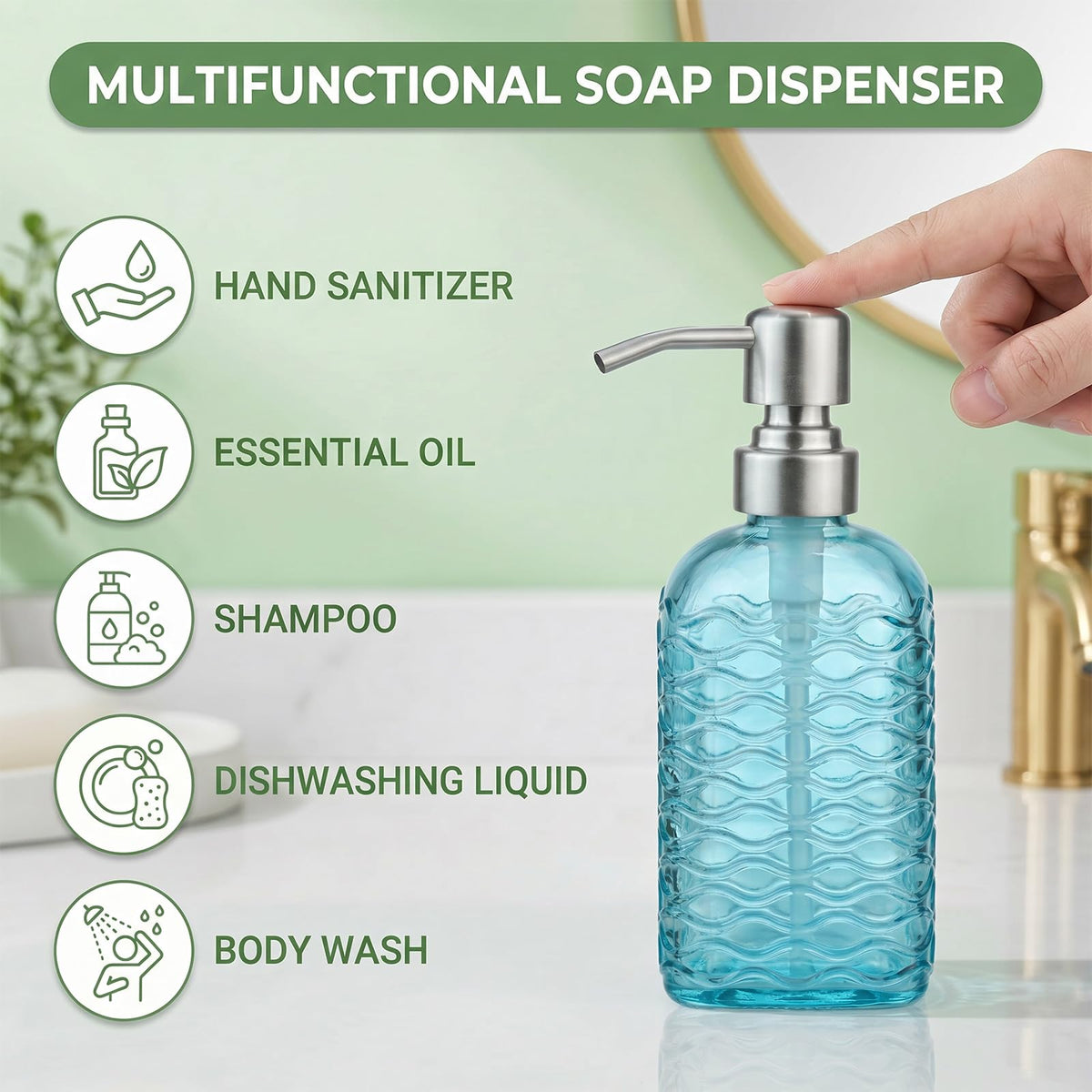 Glass Soap Dispenser Blue - 400ml Hand Soap Dispenser with Stainless Steel Pump Ripple Square Liquid Hand Jar Refillable Glass Bottle for Bathroom
