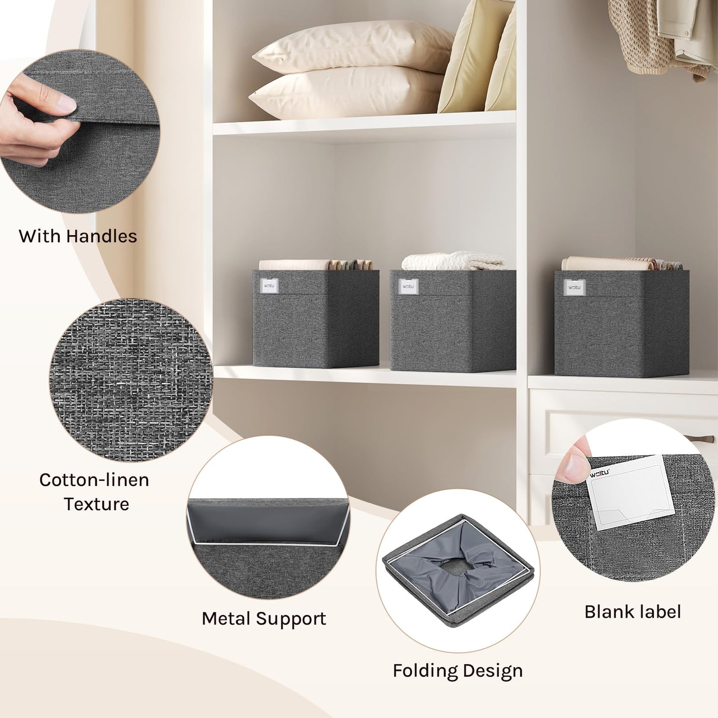 WOLTU Collapsible Storage Boxes Set of 3, Fabric Storage Cubes with Handles and Label Holders, Wardrobe Organisers for Shelves, Bedroom, Living Room