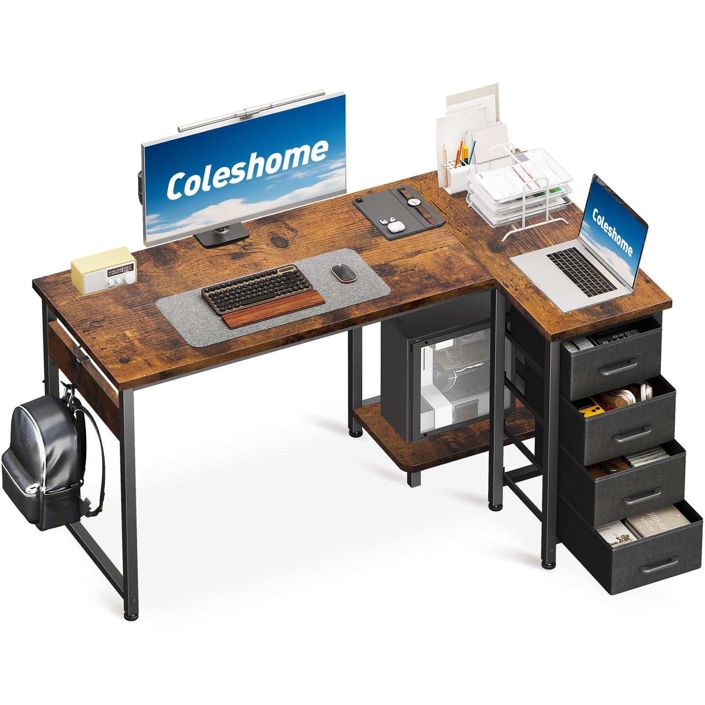 Coleshome Small Corner Desk with Drawers for Home Office, 120x70 cm, Brown