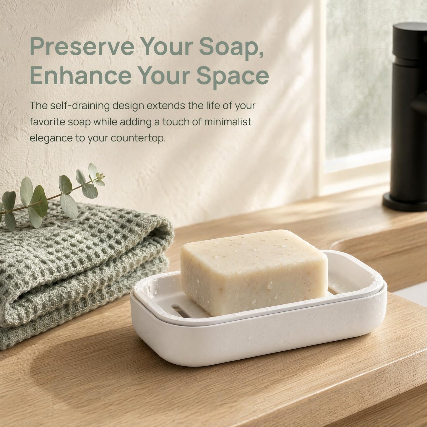 Soap Dish with Drainage, Plastic Soap Holder (White)